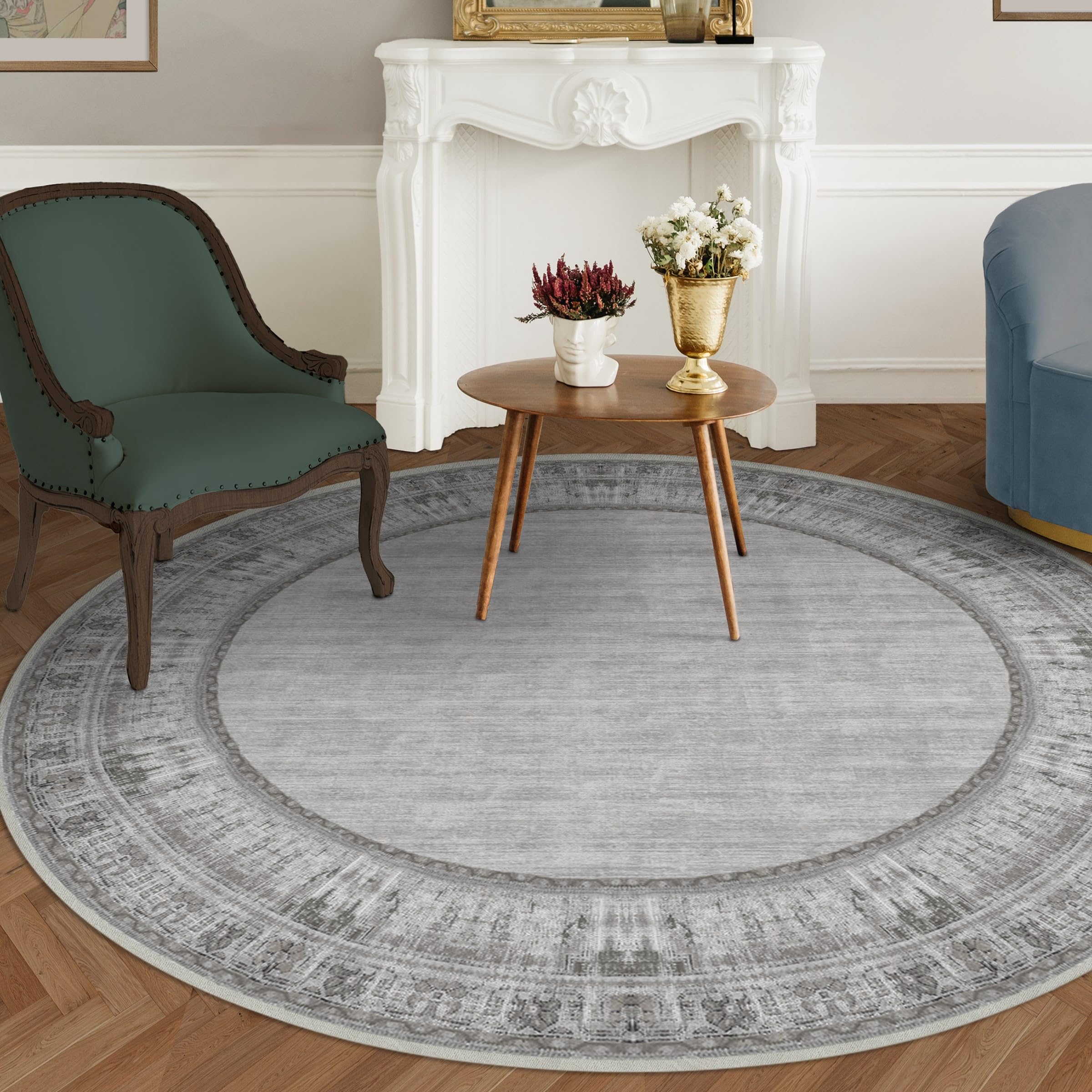 RUGGABLE Washable Area Rug – Zinnia Grey 8 ft Round, Stain-Resistant, Non-Slip with Standard Pad – Large Machine Washable Rugs for Living Room, Bedroom, Hallway, Entryway & Office