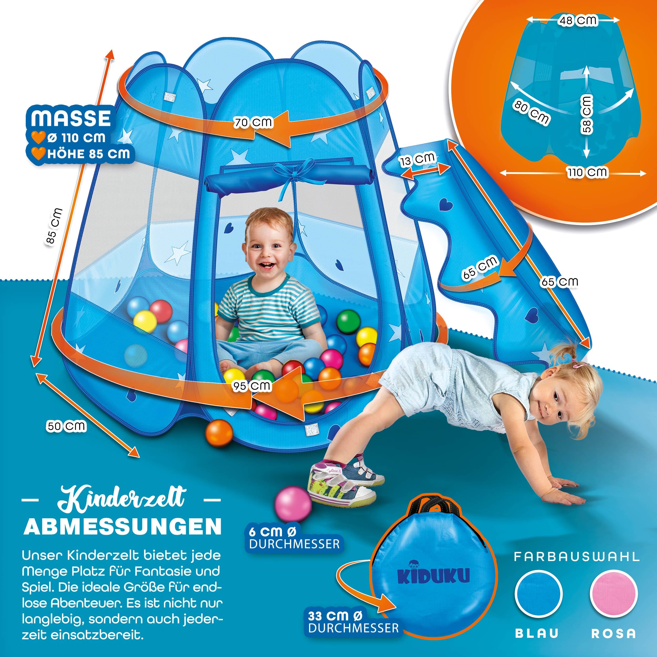 KIDUKU® Kinderspielzelt + 100 Bälle + Tasche Spielhaus Bällebad Schloss für drinnen und draußen (Blau)