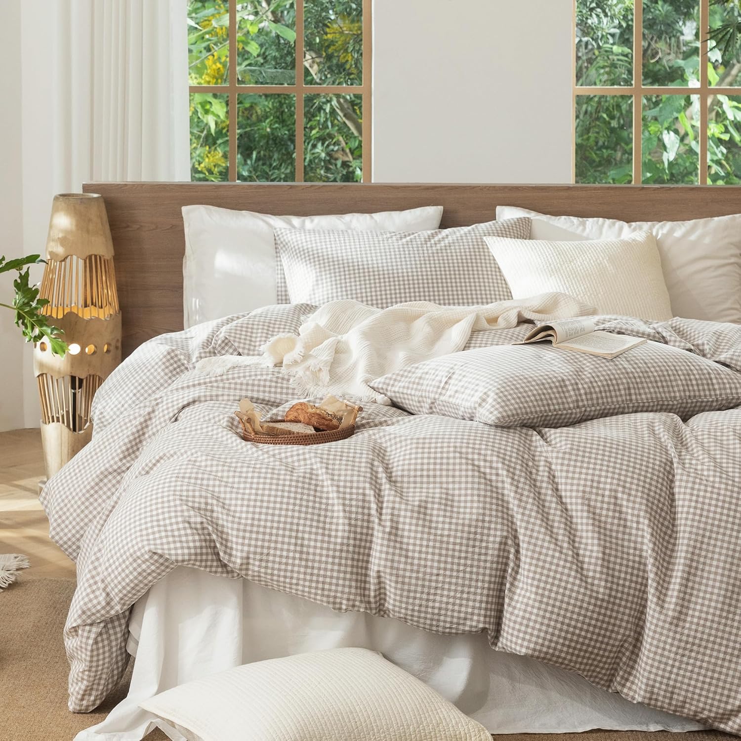 MooMee Gingham Duvet Cover Set 100% Washed Cotton Linen Like Textured Breathable Durable Soft Comfy Modern Checkered Design (Mini Gingham Tannish Linen Grey, Twin 68"x90") thumbnail