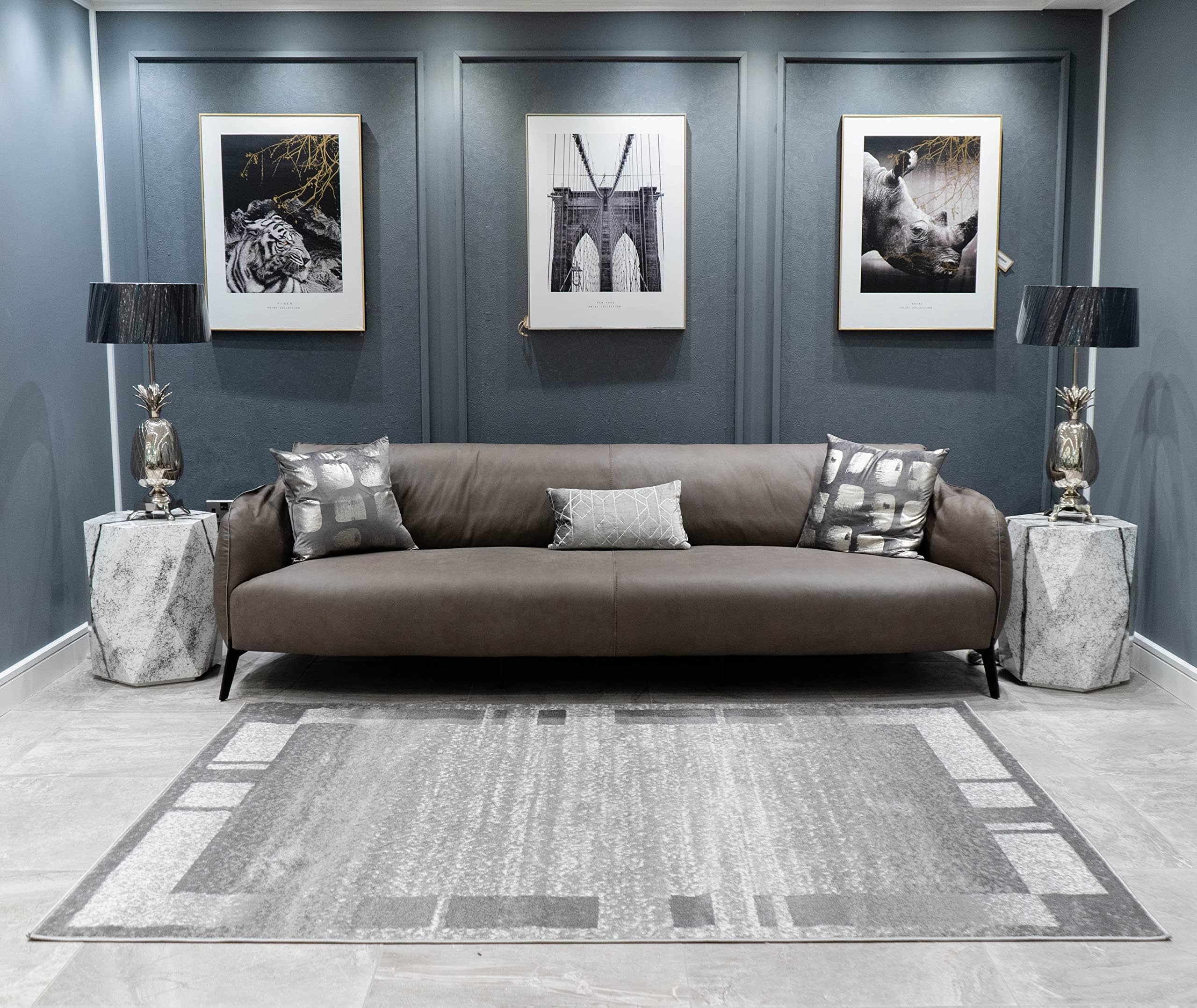 A2Z Rug|Palma 9958 Modern Abstract Silver Grey Border Pattern|Living Room Bedroom Dining Room Area Rug|Soft low Pile|200x290cm - 6'7"x9'6"ft|Contemporary Large Area Carpet