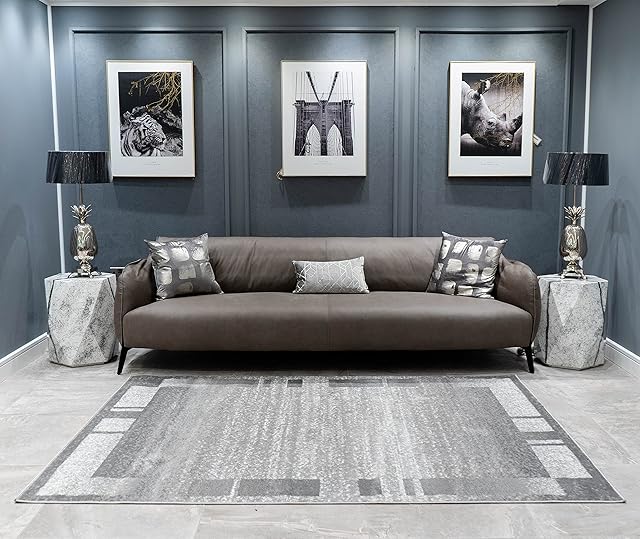 A2Z Rug|Palma 9958 Modern Abstract Silver Grey Border Pattern|Living Room Bedroom Dining Room Area Rug|Soft low Pile|200x290cm - 6'7"x9'6"ft|Contemporary Large Area Carpet