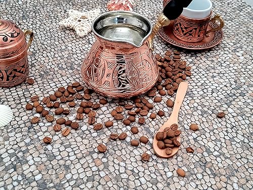 Miniatura 4 de Cafetera turca griega árabe de cobre de 12 onzas con aplicación Fortune y mango de madera (4 tazas), cafetera turca Cezve, Ibrik, cafetera griega