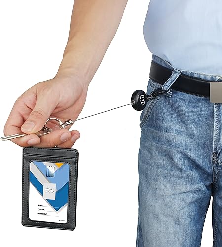 Miniatura 5 de Wisdompro, sujetador de documento de identidad de piel de PU de dos caras, riel retráctil y anillo para llave. Vertical