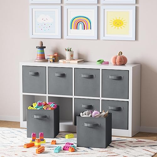 Vista 12 de Juego de 8 cubos de almacenamiento cestas plegables de tela con asas duales. Cubos de almacenamiento Organizador de estantes de armario Blanco