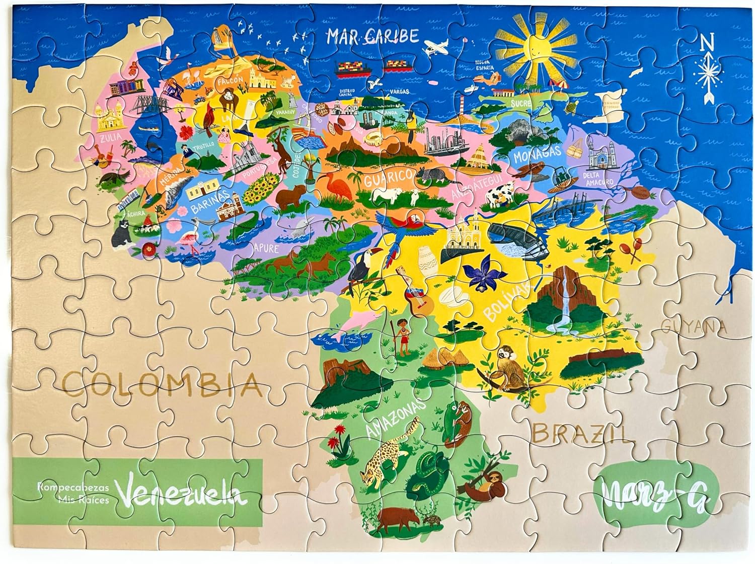 Venezuela Map Puzzle Illustrated & Educational Game for Children Ages 3-8 / Juego Rompecabezas Mis Raíces Venezuela - 100 piezas ilustrado y educativo para niños 3-8 años