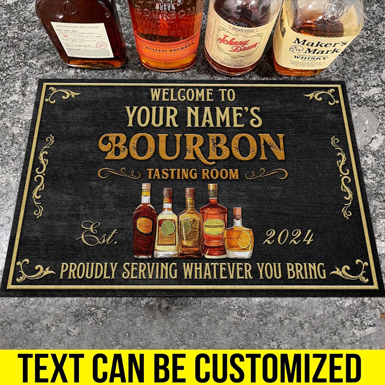 Artsy Woodsy Personalized Bourbon Bar Mat, Drying Rubber Non Slip Bar Mats for Countertop Bartending, Small Silicone Mat, Kitchen Counter Home Pub Coffee Bar Accessories, Custom Gifts For Him Men (01)