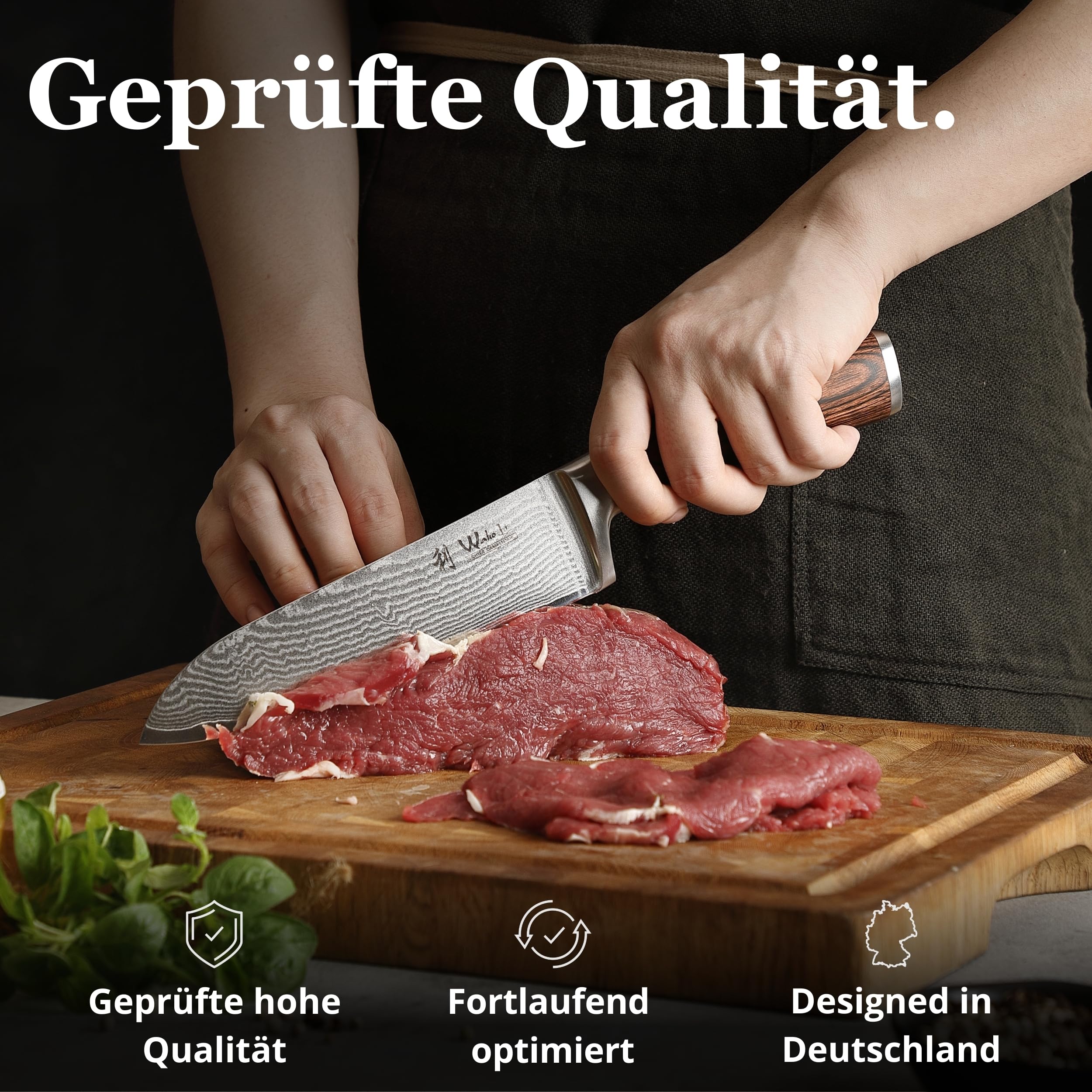 Wakoli EDIB Messerblock-Set mit 3 Damastmessern, 67 Lagen und VG10-Kern | Santoku 17 cm, kleines Santoku 12 cm, Officemesser 8,5 cm; magnetischer Messerblock aus Holz, Pakkaholzgriffe, Holzbox