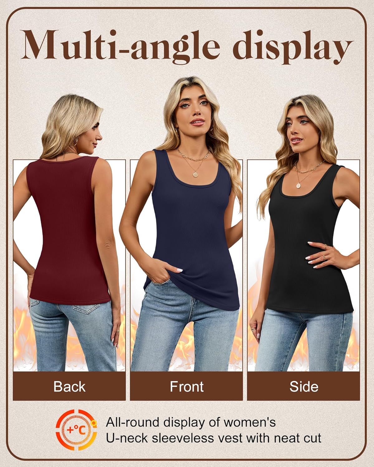 3 Pack Women's Thermal Tank Tops Ribbed Scoop Neck Cotton Sleeveless Undershirts Fleece Lined Camisole Base Layer - Image 6