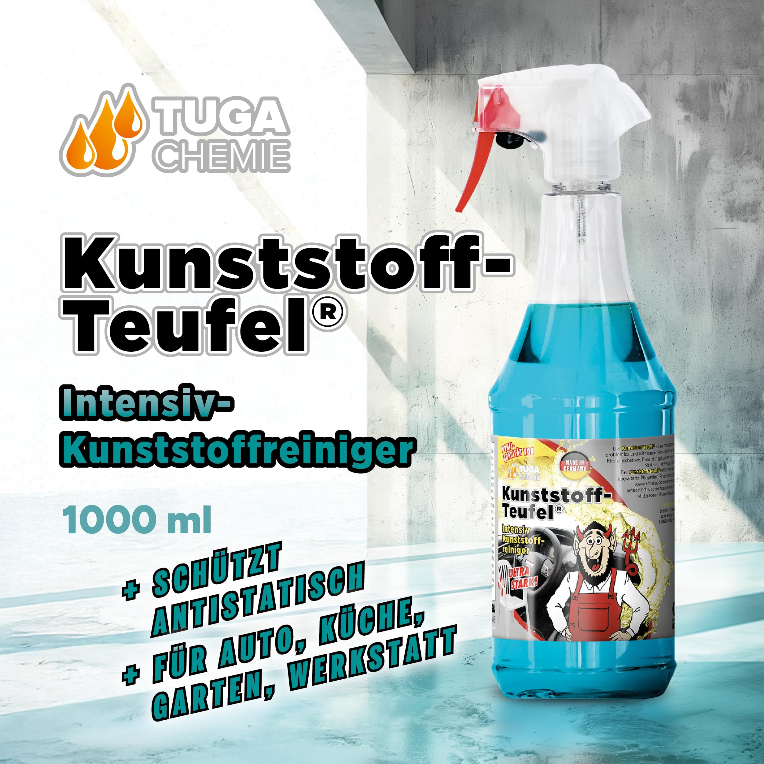 TUGA Chemie Kunststoff-Teufel - Hochwirksamer Kunststoffreiniger für Kfz und Industrie - Entfernt Schmutz, Öl, Fett in Profiqualität für Auto Boot und Werkstatt - 5 L Kanister - Made in Germany | Hochwirksamer Kunststoffreiniger für Kfz & Industrie - Entf