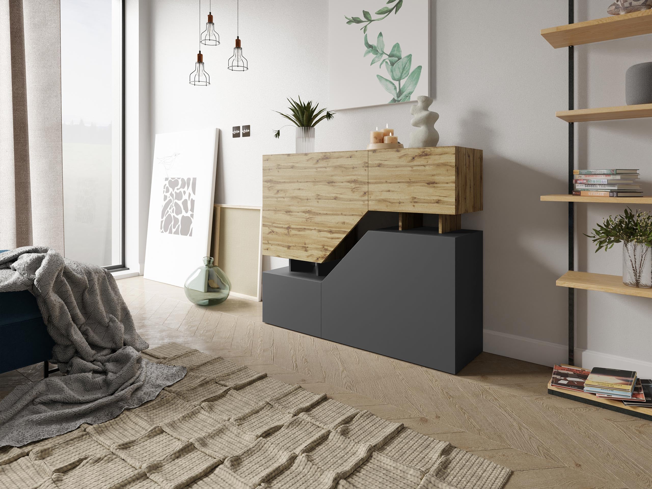 Mirjan24 Kommode Nesezi mit 4 Türen (Wotan/Anthrazit) | Griffloses Highboard mit offenen und geschlossenen Fächern für Bücher, Deko und Zubehör, B/H/T: 120/100/35 cm