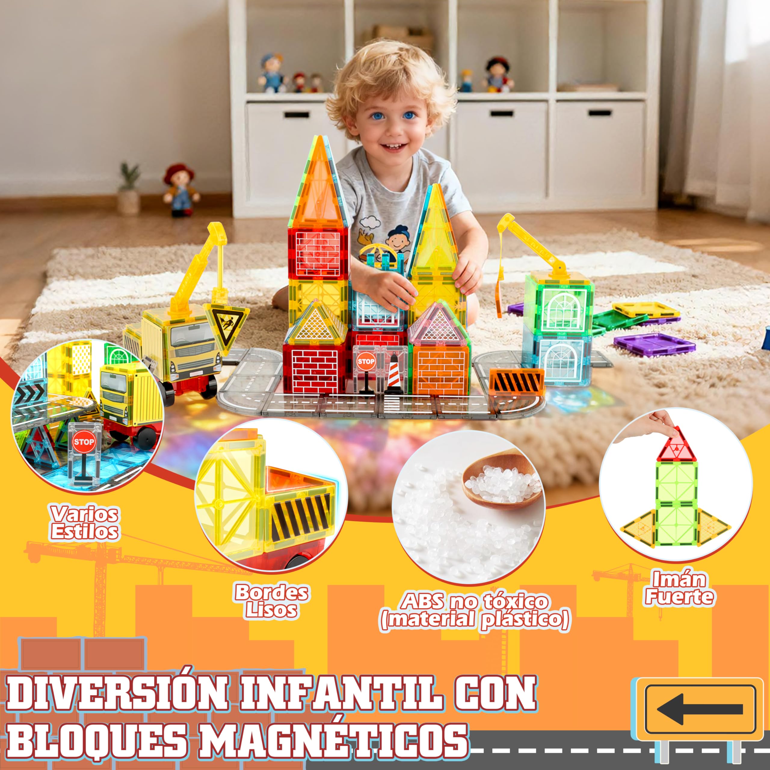 JONRRYIN Construcciones Magneticas Niños, 100 Piezas Bloques Magneticos Construccion con grúa y Edificio, Magnetic Tiles Carretera Magnetica Niños Juguetes 3-8 Años