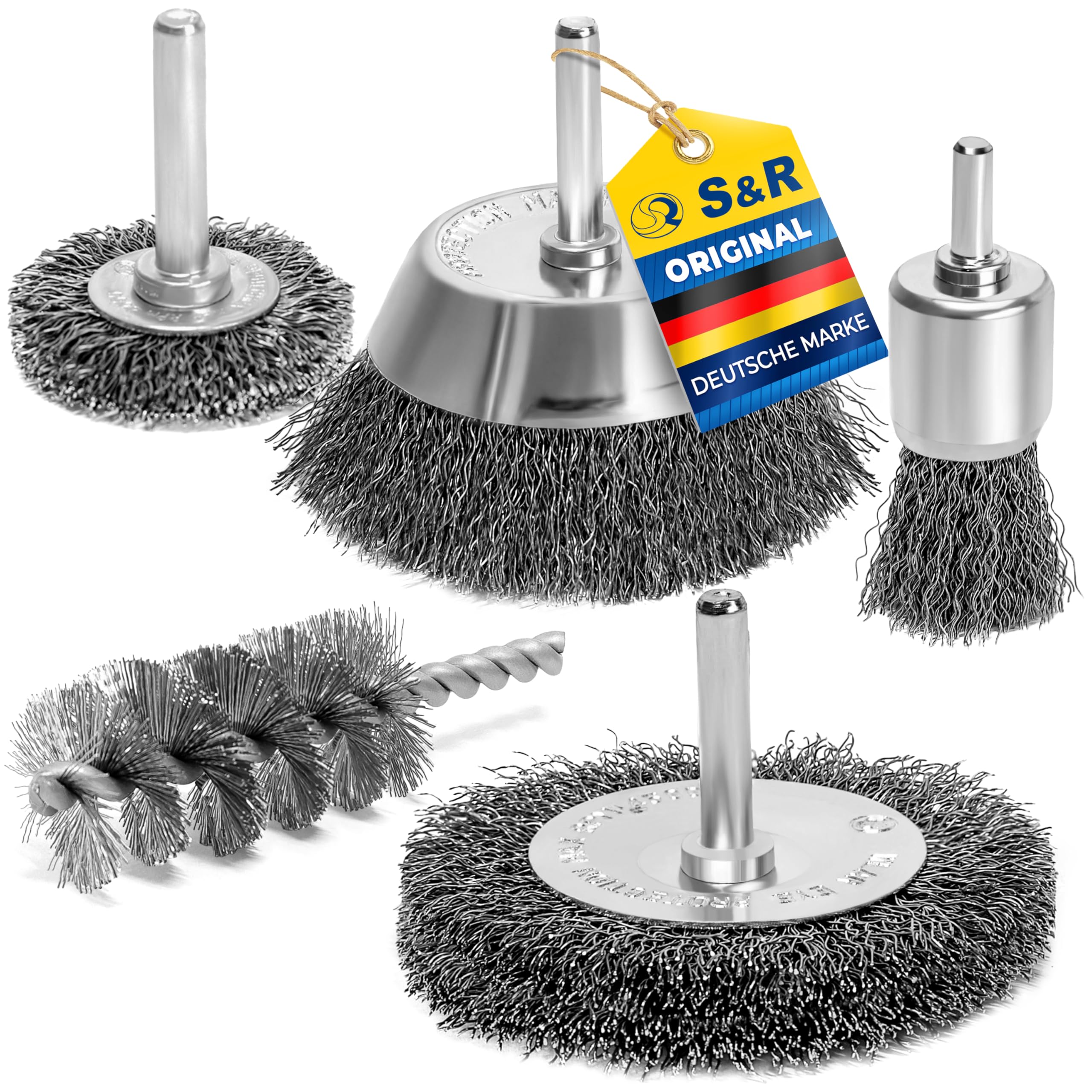 S&Rwire brushes drill bit set 5 pcs, round shank 6mm: 2 round brushes 38, 75 mm, 1 cup brush 75 mm, 1 brush 25 mm, 1 pc. Cylinder brush 28x60x90 mm