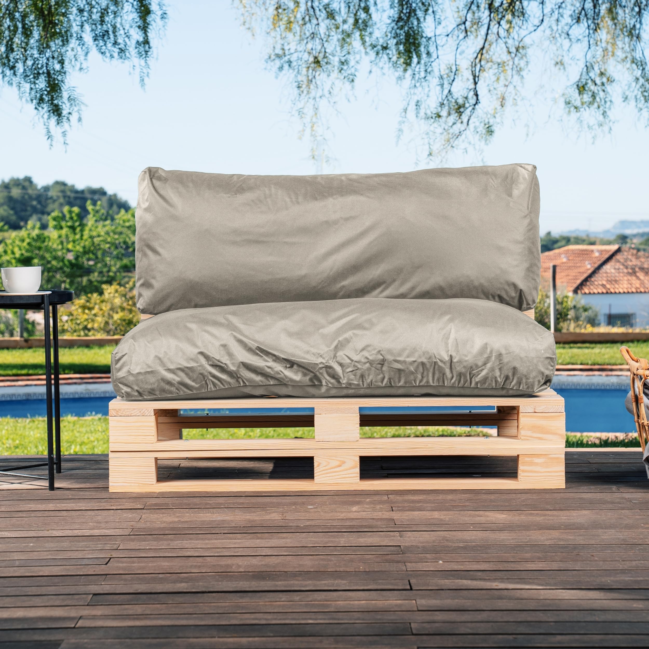 bananair - Cojines para Palets Impermeables y Desenfundables - Muy Cómodos, Relleno de Espuma - Cojines Exterior para Jardín y Terraza (1 Asiento 120x80 + 1 Respaldo 120x40, Gris Claro)