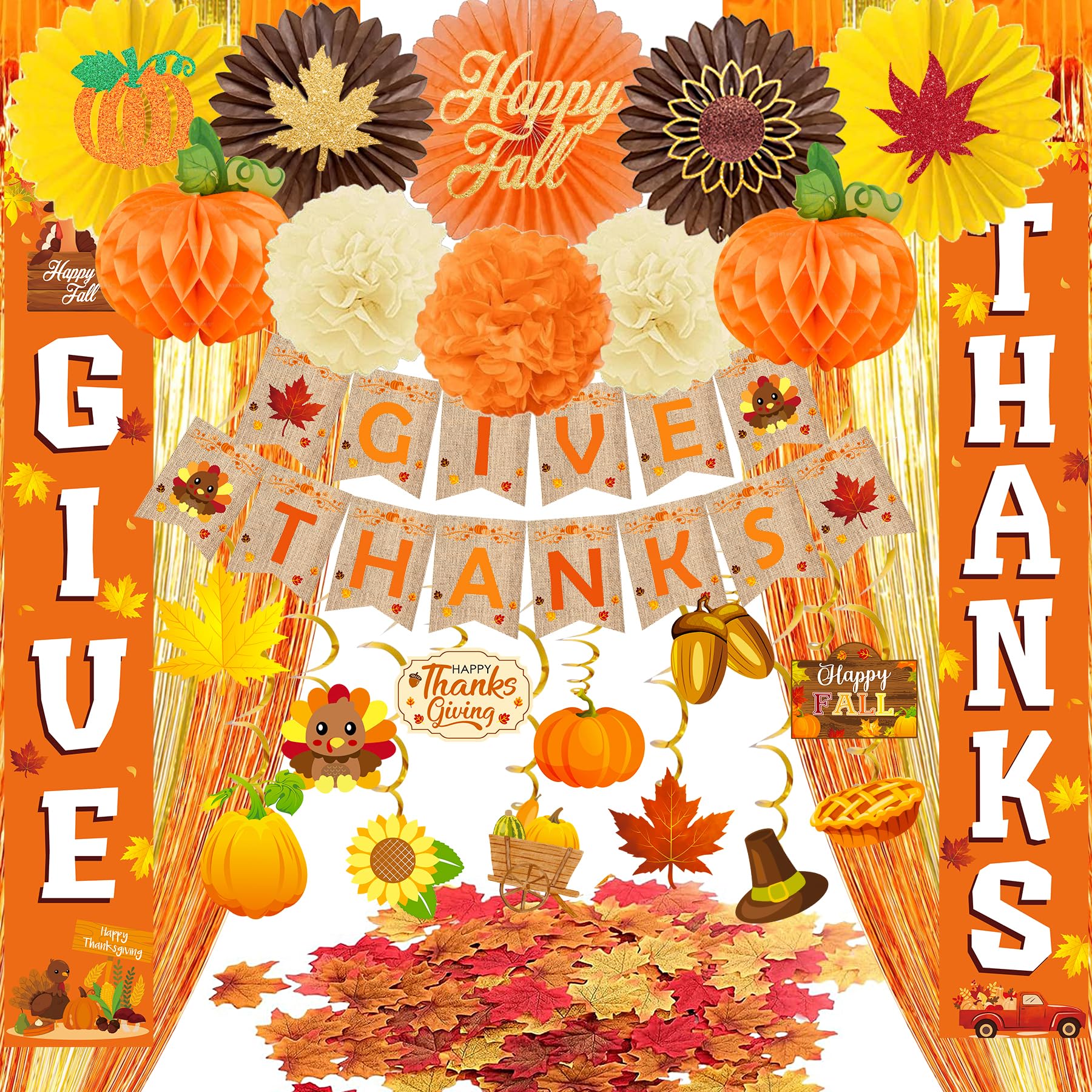 Thanksgiving Party Decorations Supplies, Thanksgiving Banner Hanging Swirls for Autumn Holiday, Turkey Autumn Hanging Decorations, Thanksgiving Foil Fringe Curtain, GIVE THANKS Hanging Banner Sign