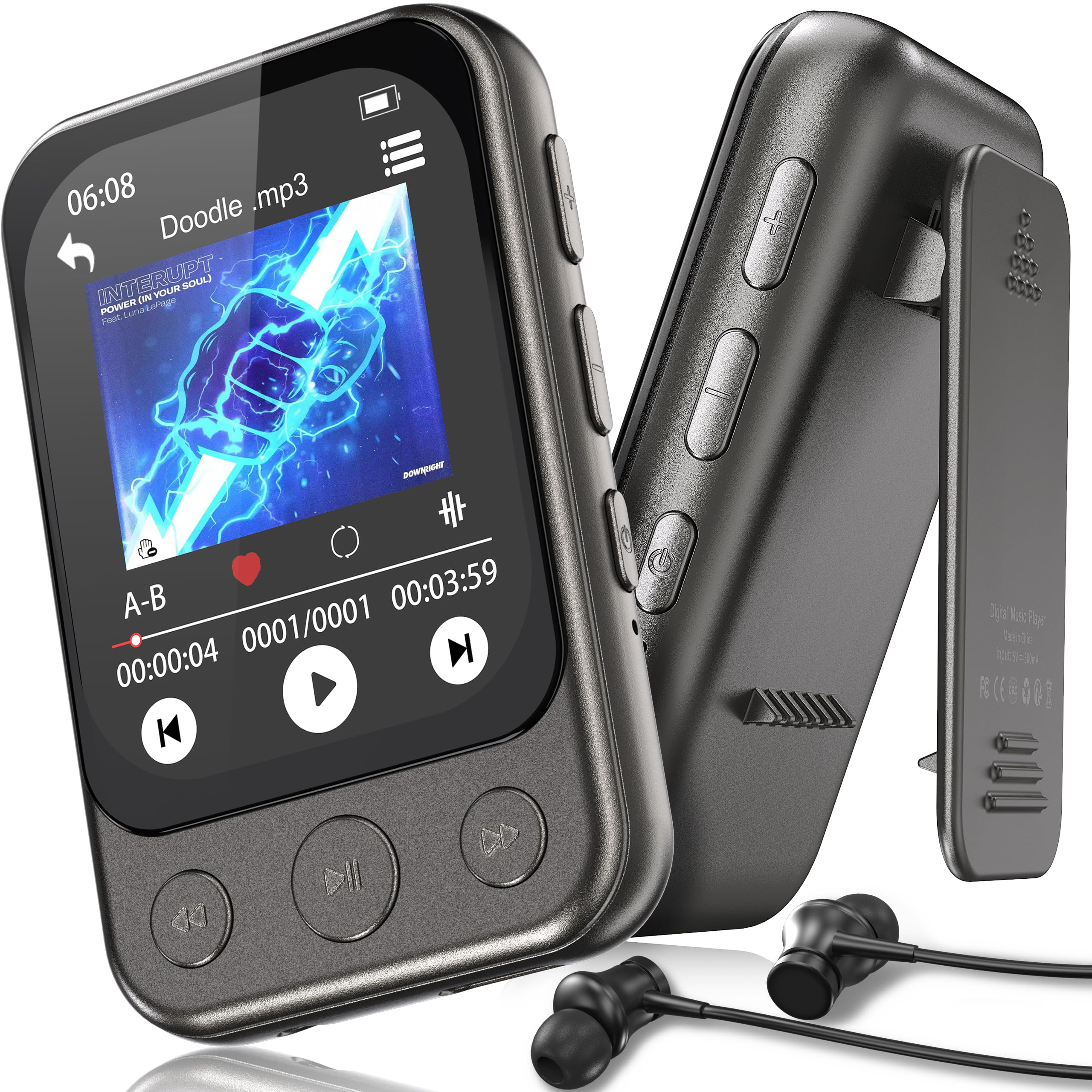 64GB Clip on MP3 Player with Bluetooth 5 3 Built-in Speaker 2 HD Touchscreen FM Radio Voice Recorder