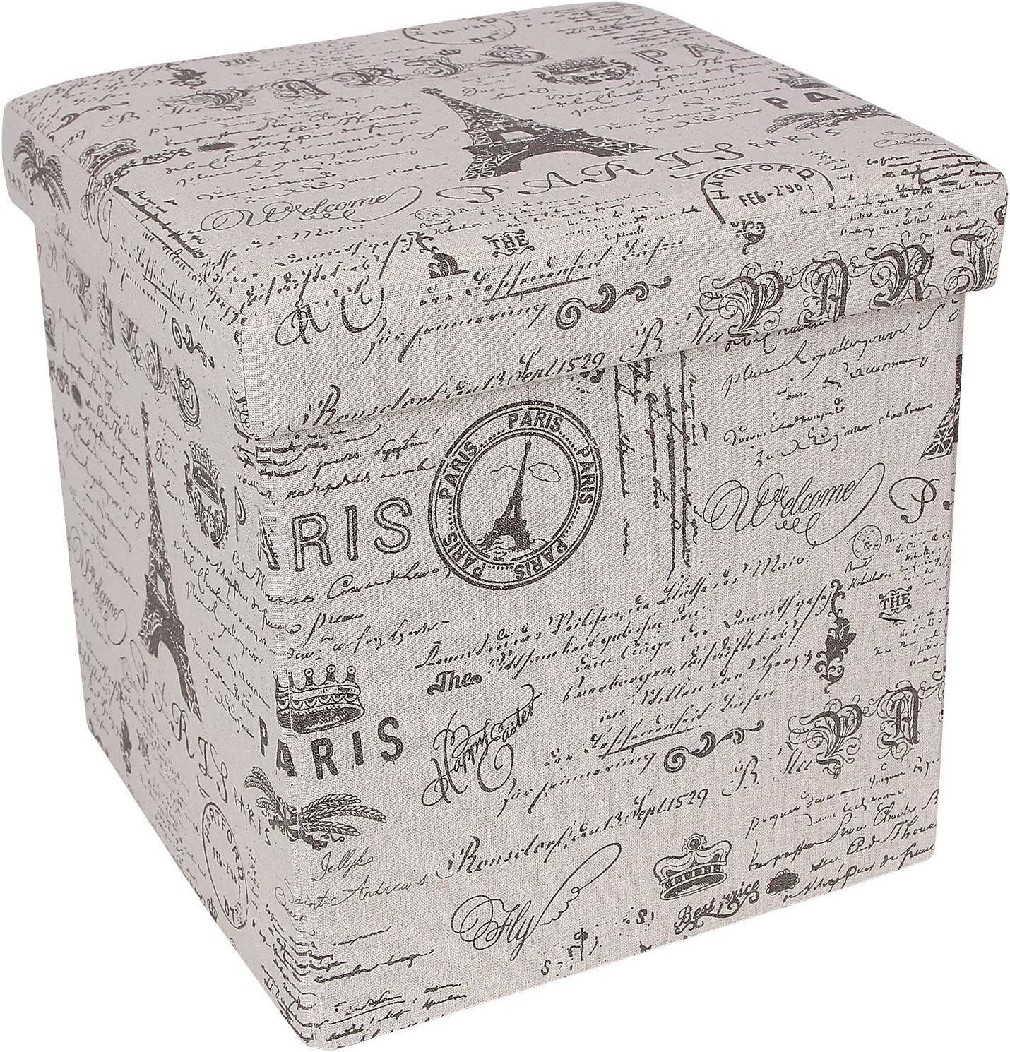 SONGMICS Storage Ottoman Cube Footrest Stool Puppy Step, Holds Up to 660lb, Linen-Like Fabric, Paris Eiffel Tower Script Pattern