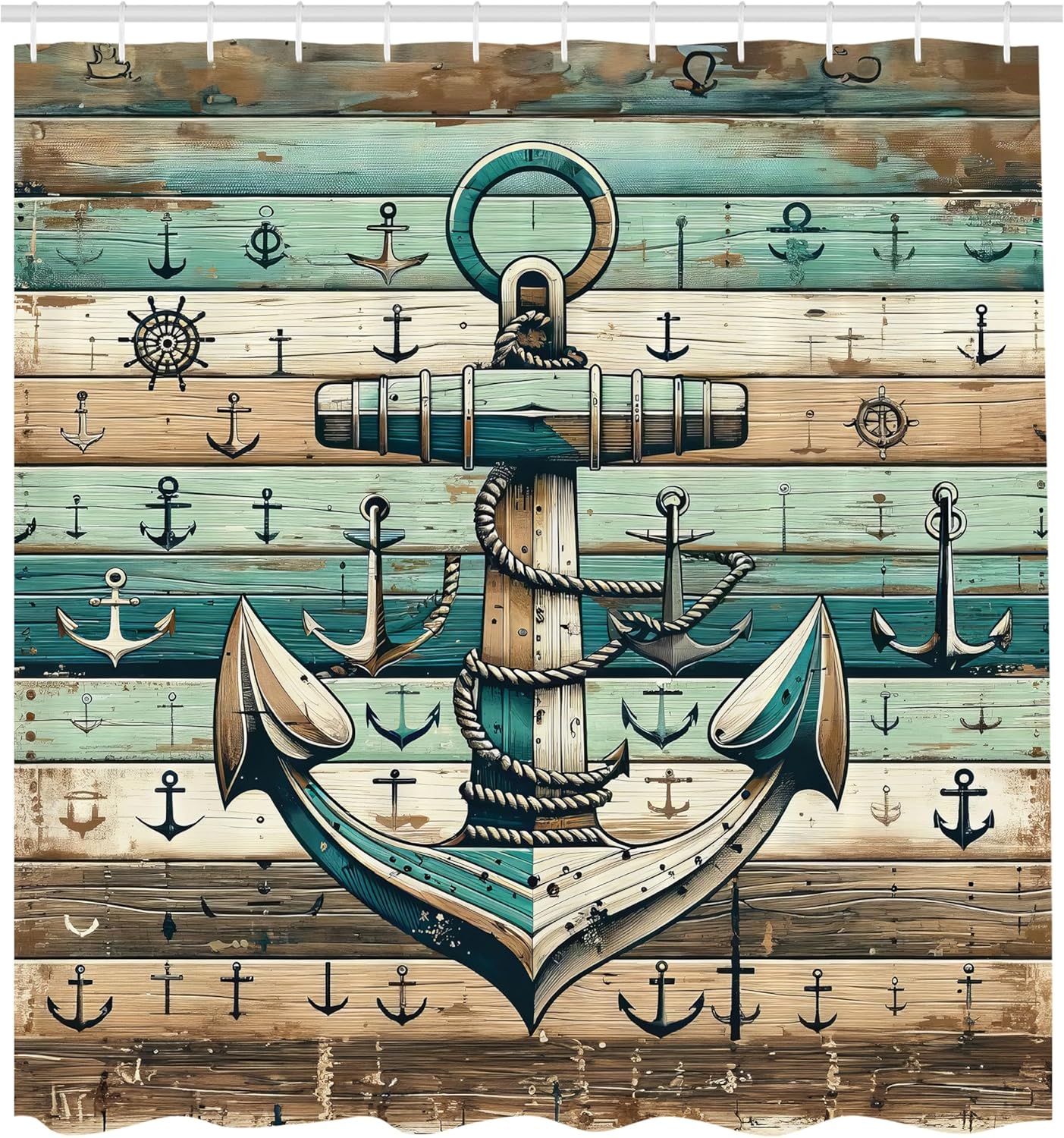 Ambesonne Nautical Shower Curtain, Sailing Rustic Style Anchor with Weathered Wooden Plank Look Print, Cloth Fabric Bathroom Decor Set with Hooks, 69" W x 84" L, Teal Seafoam Pale Brown