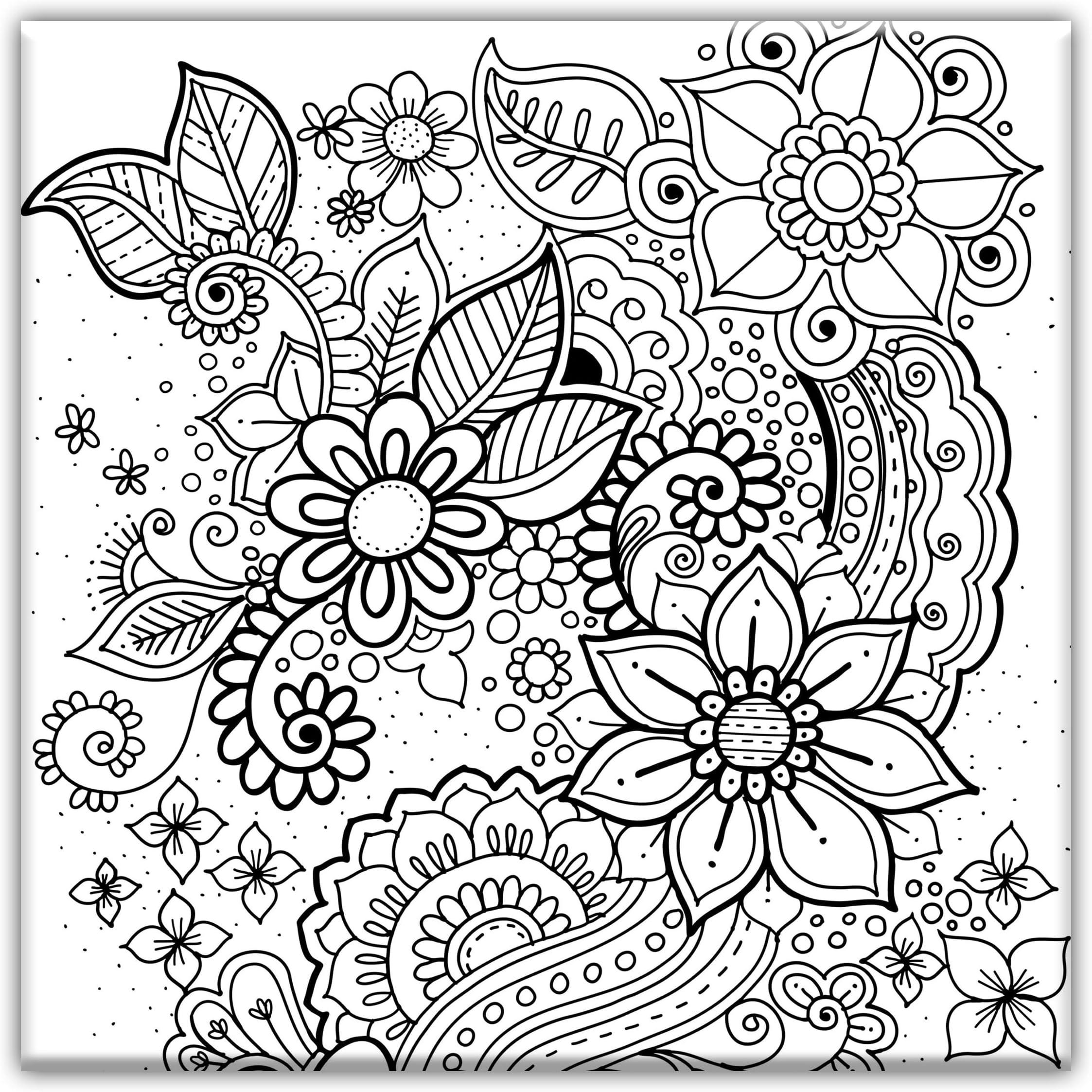 Floral Coloring Canvas for Adults, Stretched Primed Canvas 8 x 8 Inches |Premium Handmade Coloring Canvas | Art and Sip Party, DIY Kit, Party Favor | Easy & Fun Drawings to Color | Wall Art