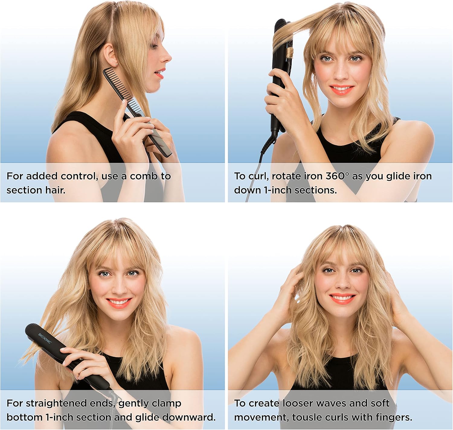 Four panel image demonstrating hair styling techniques: using a comb for control, rotating the iron 360 degrees for curls, gliding downward for straightened ends, and tousling for waves.
