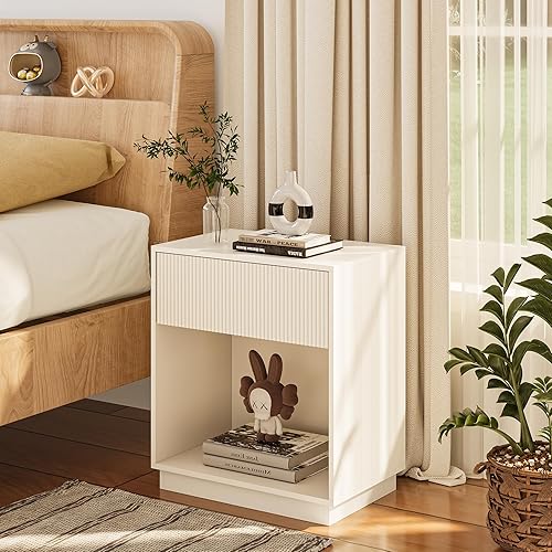 Miniatura 3 de Juego de 2 mesitas de noche acanaladas, moderna mesita de noche con cajón y estante de almacenamiento, mesa auxiliar de madera de mediados de siglo