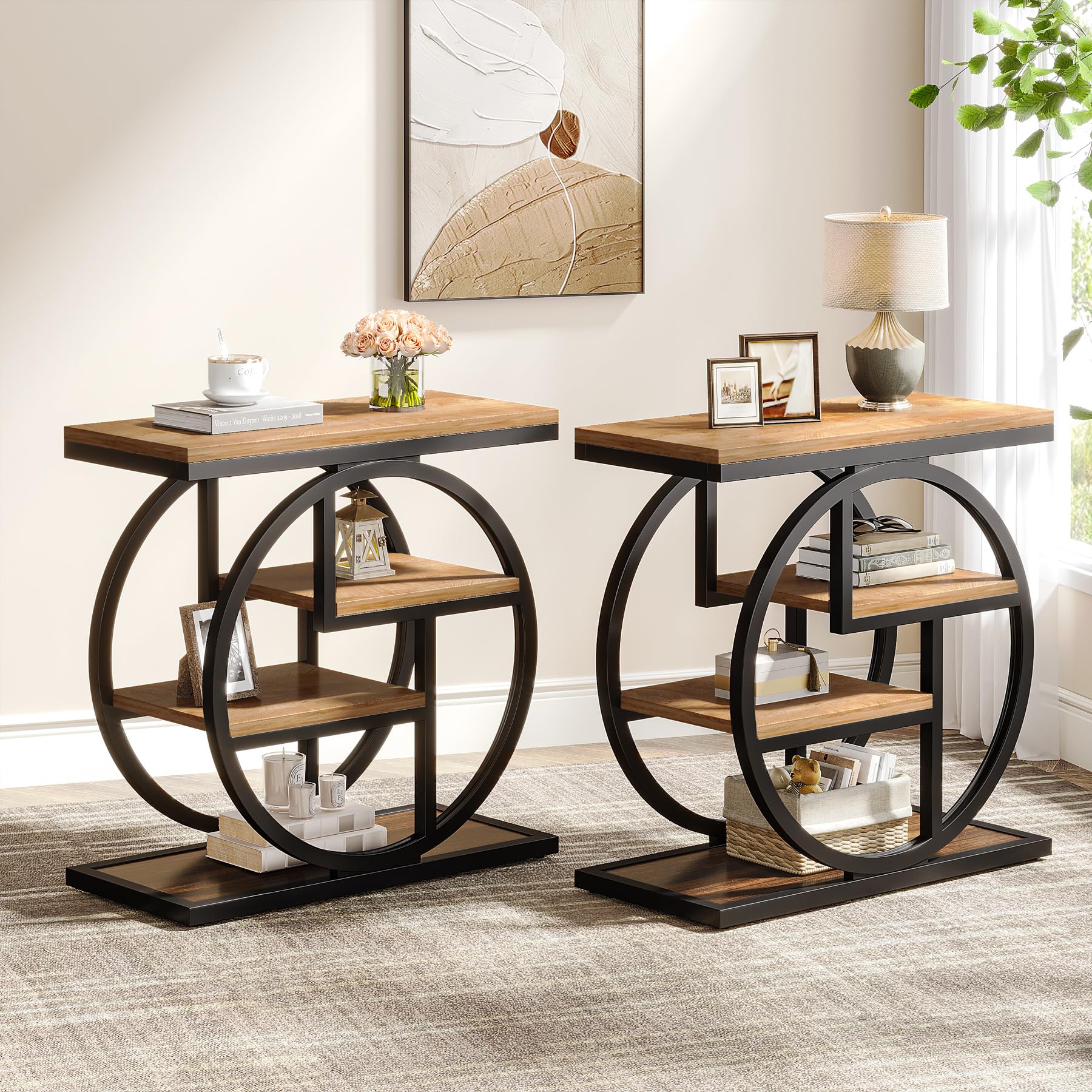 Tribesigns Round 2-Tier Side Table - Rustic Wood Top & Black Metal Arc Frame, Small Space End Table For Living Room/Bedroom