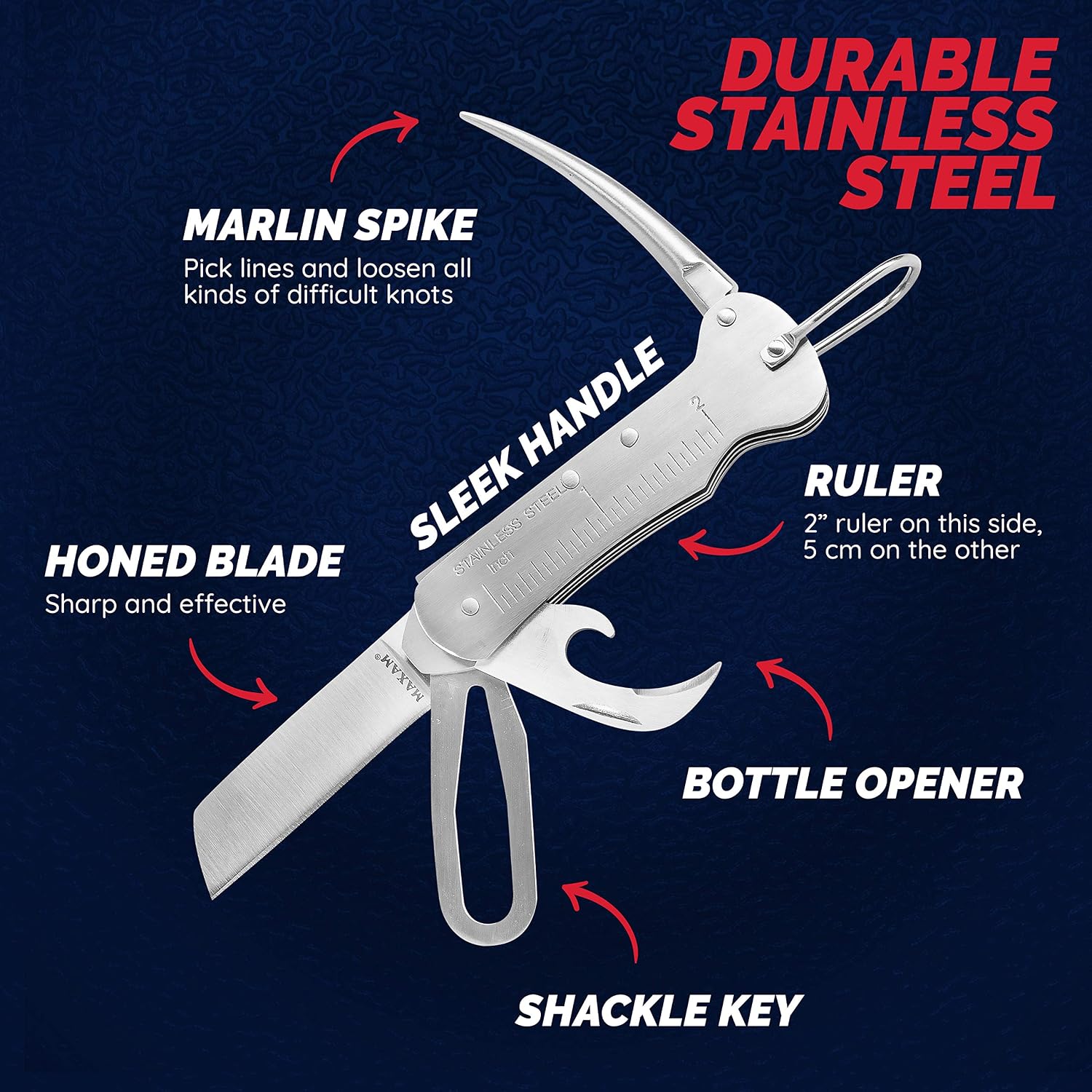 Maxam 3 3/4 Inch Sailor's Tool, a Powerful Multi-Use Sailor Knife Ideal for Boating, Fishing, Camping or Outdoor Activity, Silver