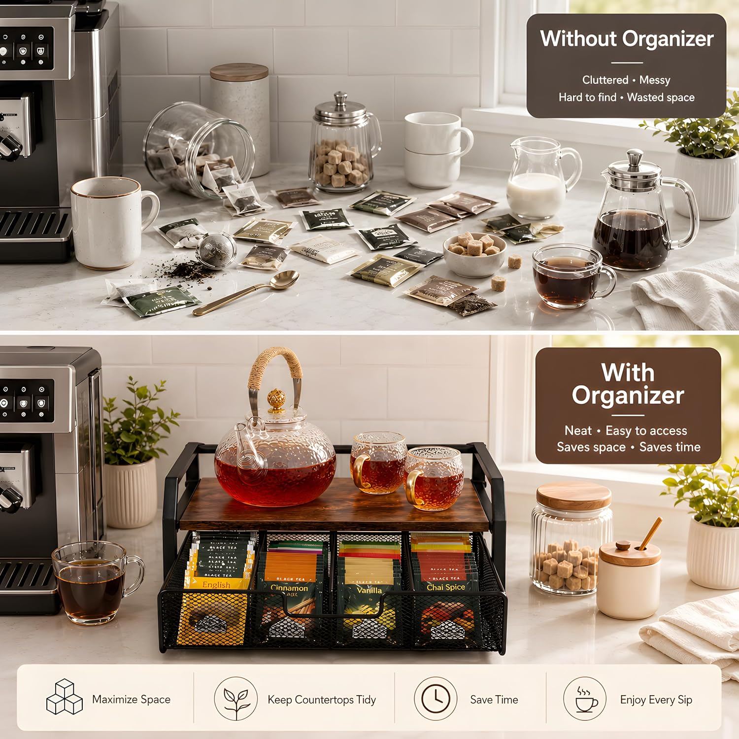 Tea Bag Organizer, Tea Holder for Countertop | Pull Out Drawer for Tea Bags, Coffee Pods and Drink Accessories, Fits Kitchen, Office and Apartment Counter
