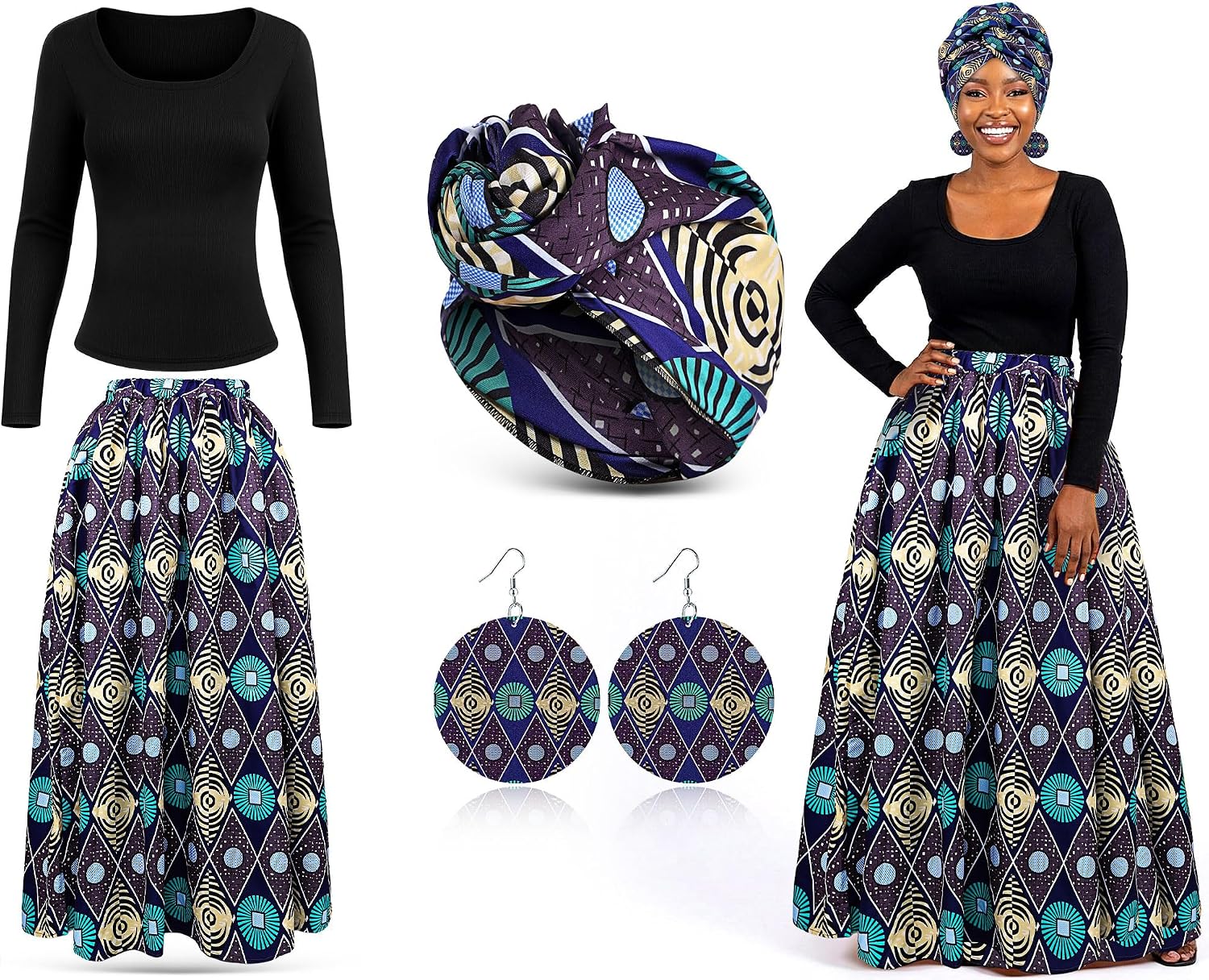 Shyyween 4pcs African Outfit for Women African Printed Maxi Skirt Long Sleeve Ribbed Slim Shirts Scarf Drop Dangle Earrings