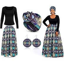 Shyyween 4pcs African Outfit for Women African Printed Maxi Skirt Long Sleeve Ribbed Slim Shirts Scarf Drop Dangle Earrings