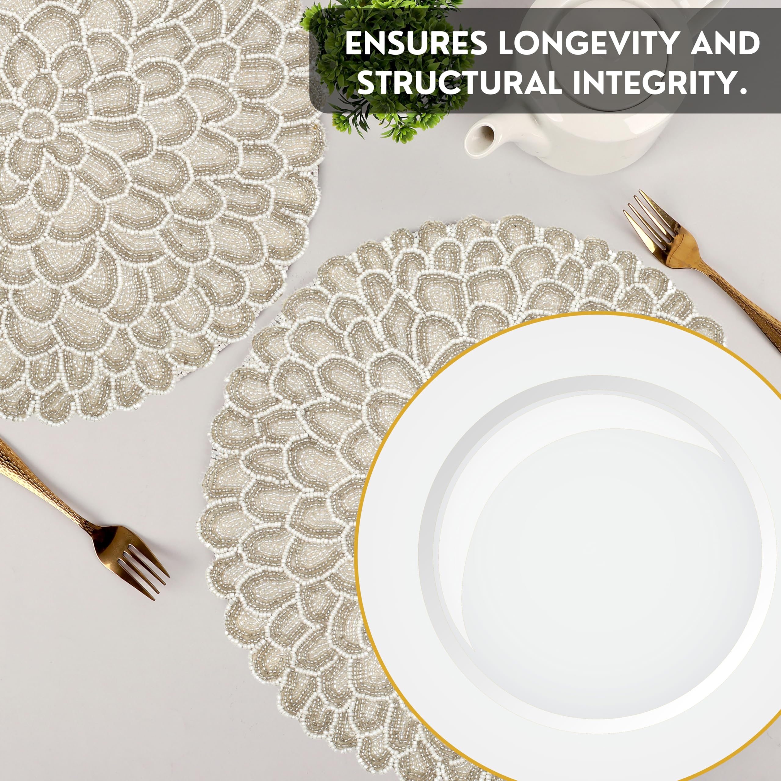 ALPHA Living HOME Handmade Beaded Placemats - 13 Inch Round Dining Table Mats - Elegant Glass Beads with Cotton Backing - Decorative Tableware for Weddings, Holidays, and Home Décor - Silver