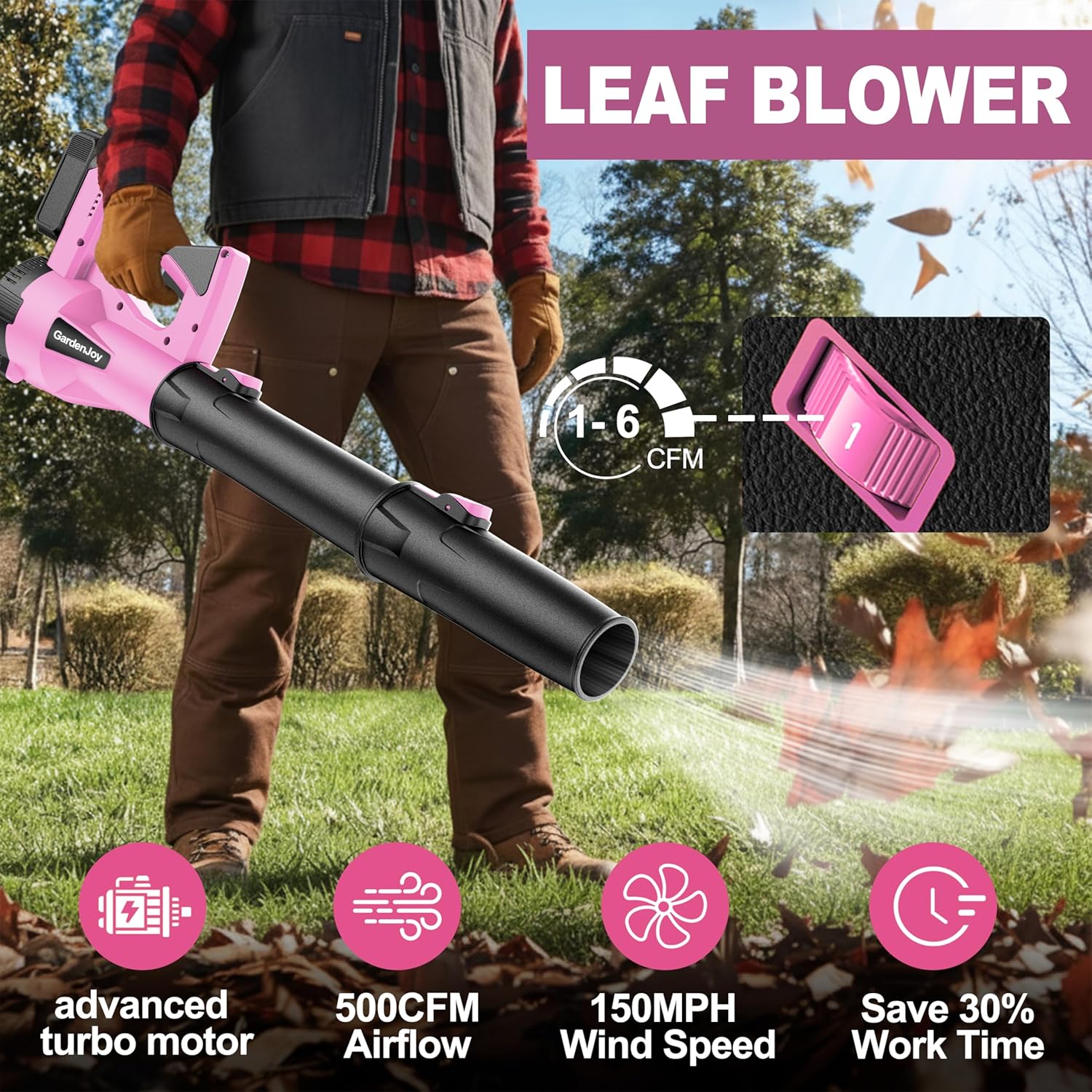 Leaf Blower Cordless, 21V 500CFM 150MPH Powerful Electric Leaf Blower with 2x3.0Ah Batteries & Charger, 6 Speed Modes Lightweight Handheld Blower for Lawn Care, Leaves, Dust, Car Cleaning, Pink