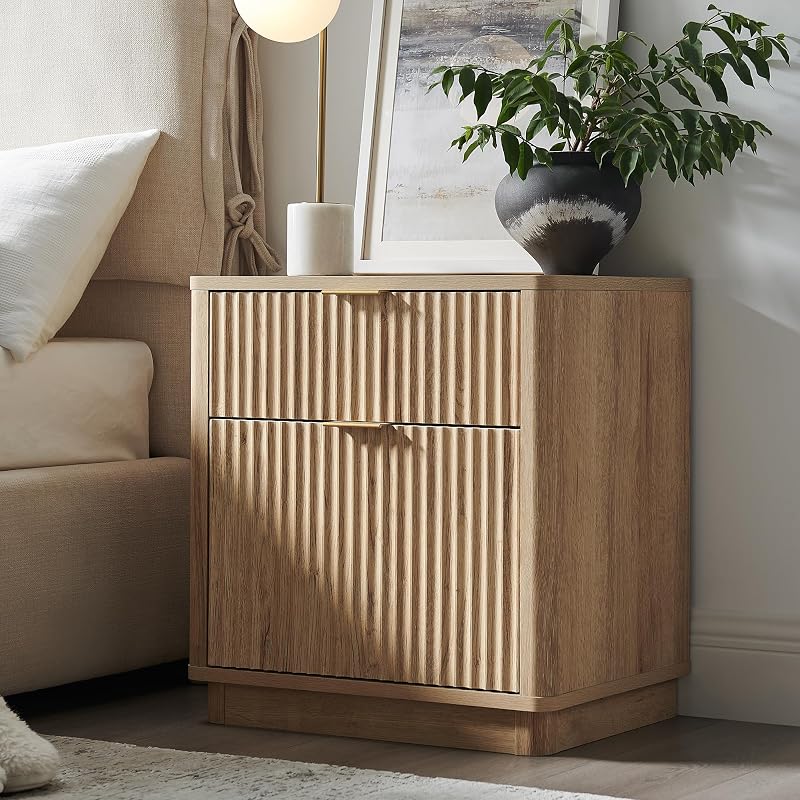 T4TREAM 23'' Fluted Nightstand with Charging Station, Modern, Natural Oak | Large 2 Drawer, Curved Profile, Mid-Century, Bedside Table with Storage, End Table for Living Room, Bedroom, Side Table