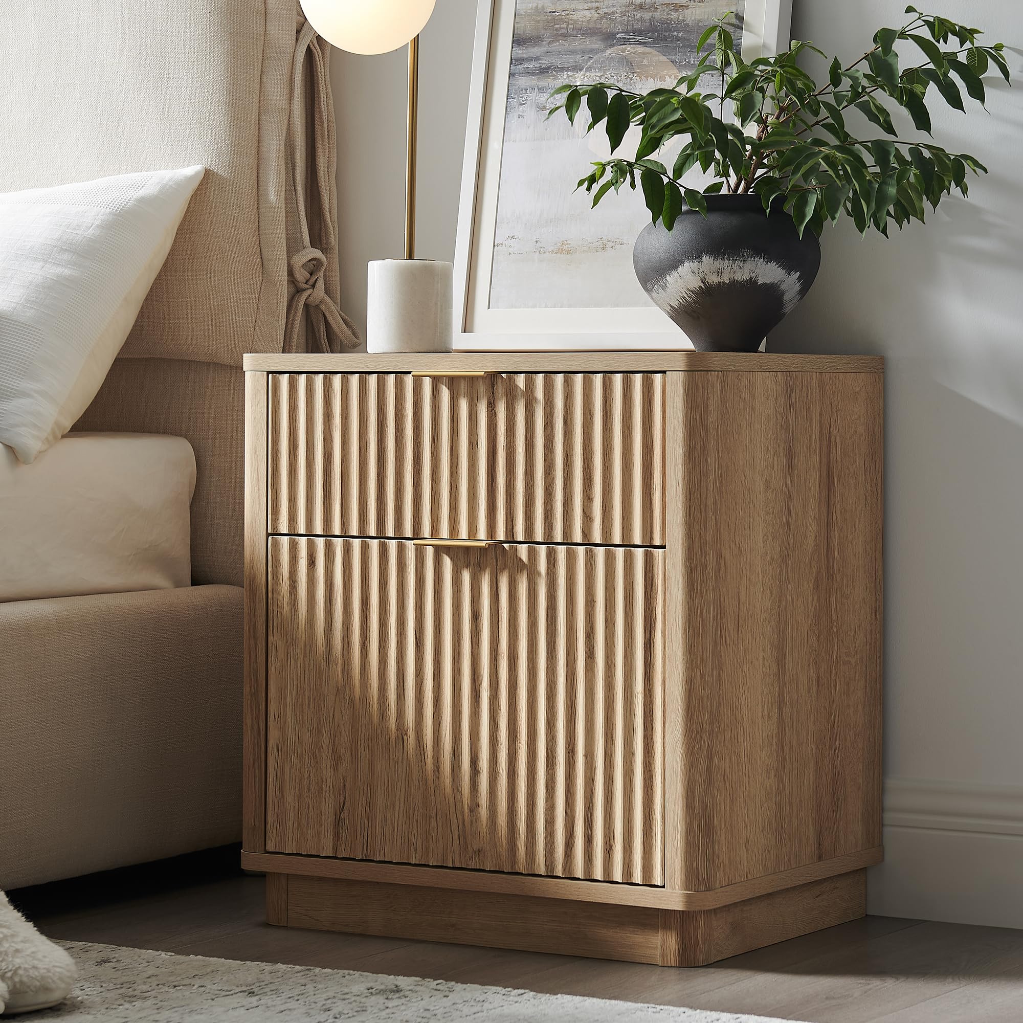 T4TREAM 23 Fluted Nightstand with Charging Station Natural Oak
