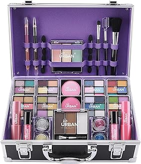 Love Urban Beauty Bliss Makeup Case Vegan Products – Complete Suitcase Eyeshadow, Blusher, Lipstick, Eyebrow Wax & Powder, Brushes Aluminum-Framed Organizer, Black, 1.0 count