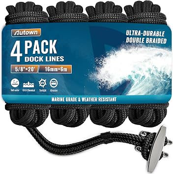 AUTOWN 4 Pack 5/8" x 20 Boat Dock Lines, Premium Marine-Grade Double Braided Nylon Dock Line, High Strength Boat Rope for Docking with 12" Loop, Easy Handling, Black