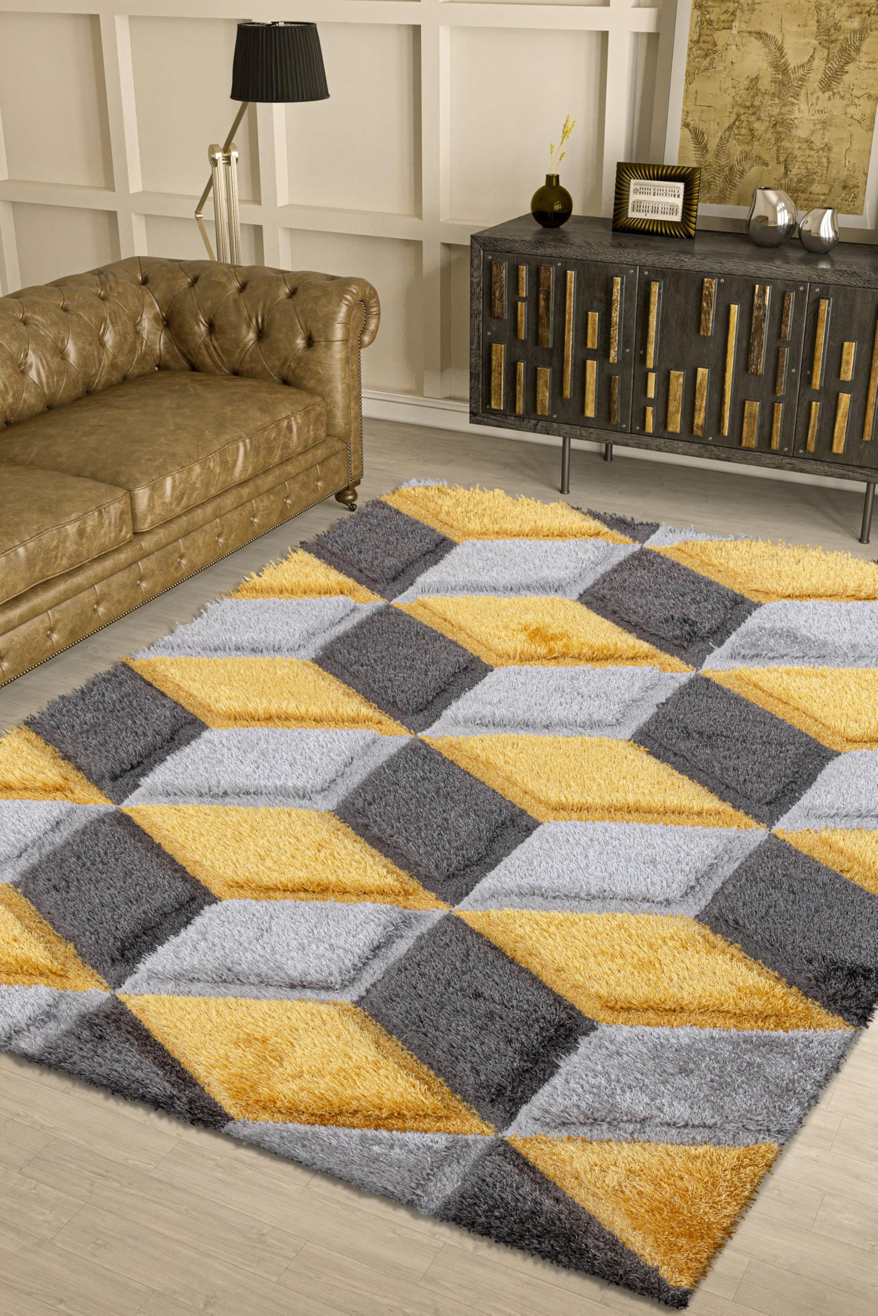 Modern Geometric Area Rug Soft Shaggy 3D Cube Pattern Carpet for Living Room, Bedroom, Easy-Care Floor Mat Multiple (Ochre, 160 cm × 230 cm = 5.25 ft × 7.55 ft)