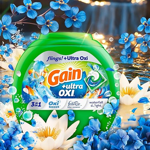 Miniatura 6 de Gain Flings - Cápsulas de detergente para ropa Ultra Oxi, 112 unidades, aroma Waterfall Delight, con defensa contra olores, cápsulas de jabón de