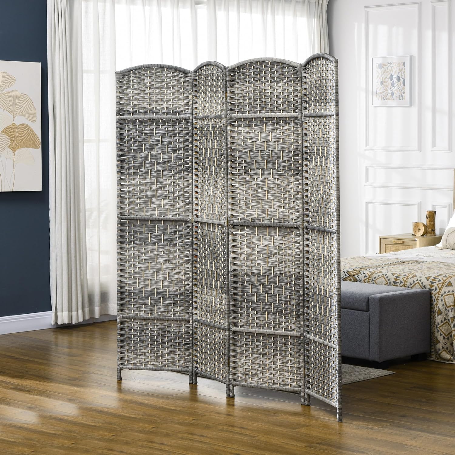 HOMCOM Room Divider, 6 Ft 4 Panel Folding Privacy Screen, Hand-Woven PP Wall Partition with Pine Wood Frame, Freestanding Room Separator for Bedroom, Home Office, No Assembly, Mixed Gray Mixed Gray 4 Panel