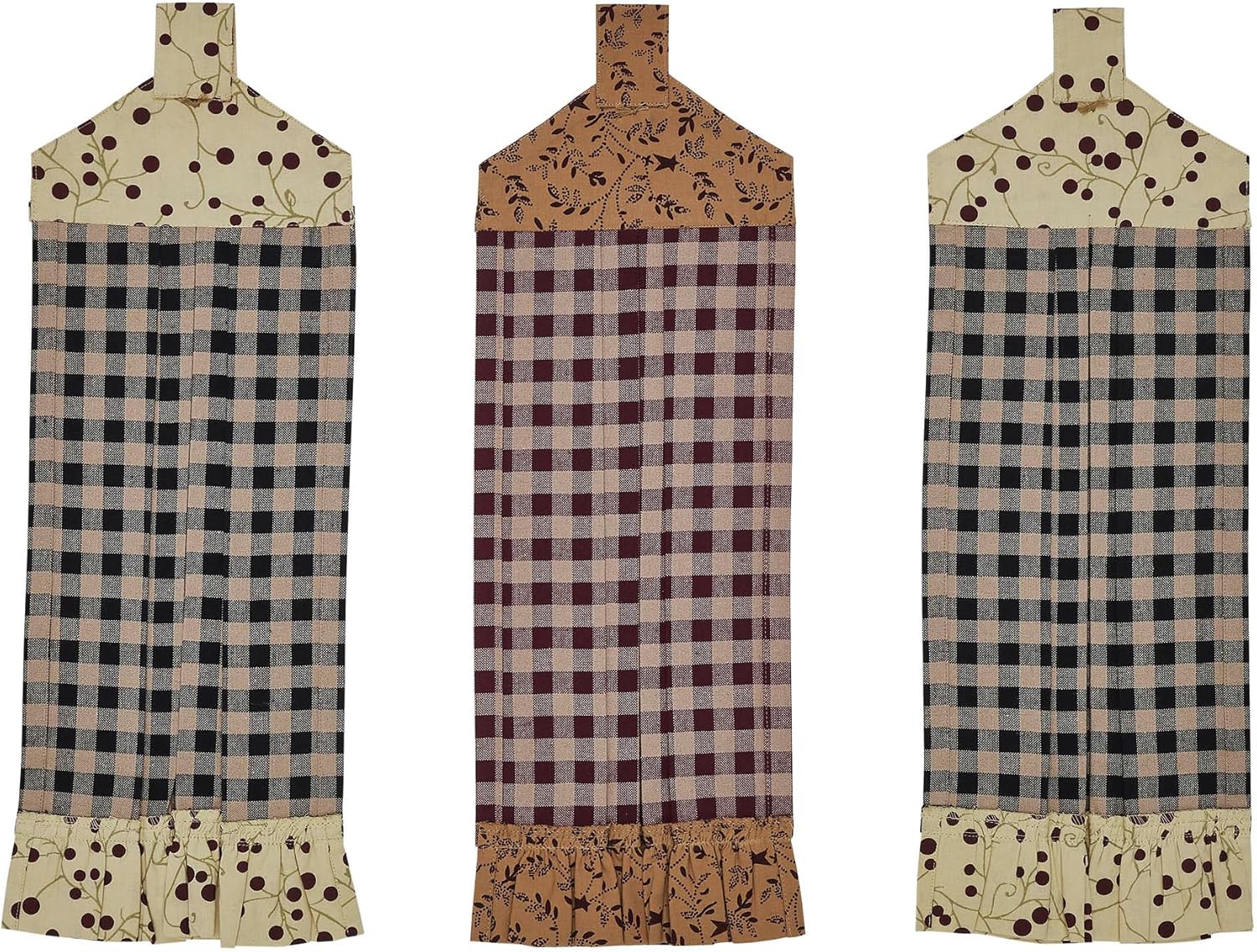 Rustic Checkered Cotton Button Loop Kitchen Towel Set of 3