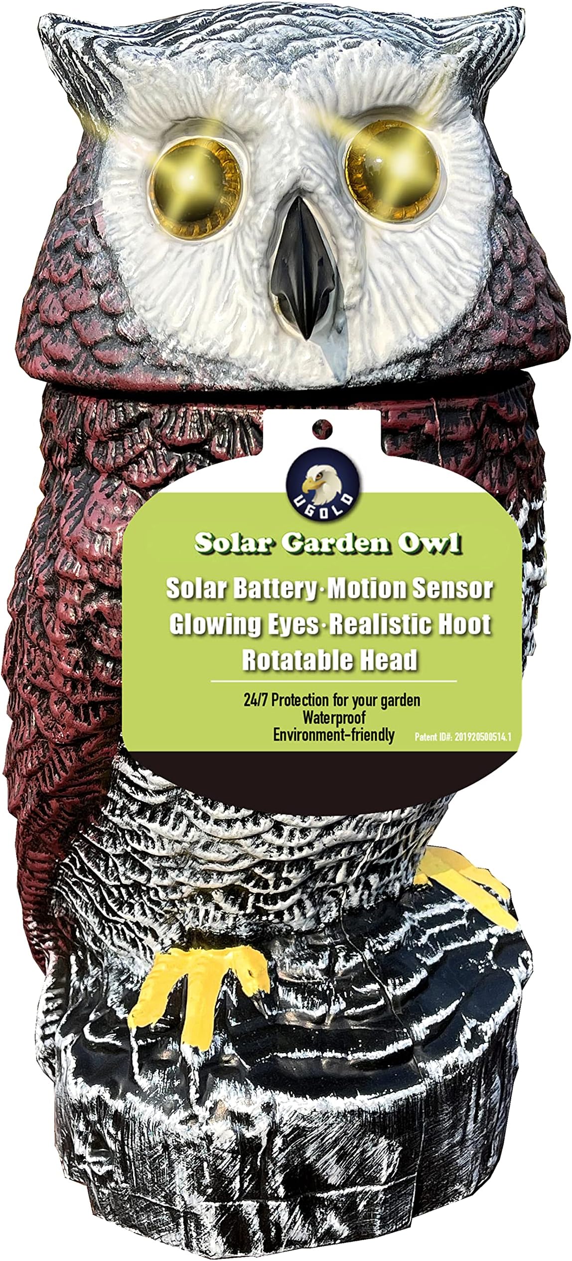 Solar Powered Garden Owl with Detection, Flashing Eyes, Rotating Head, Realistic Hoots, Plastic Material, Outdoor Decoration