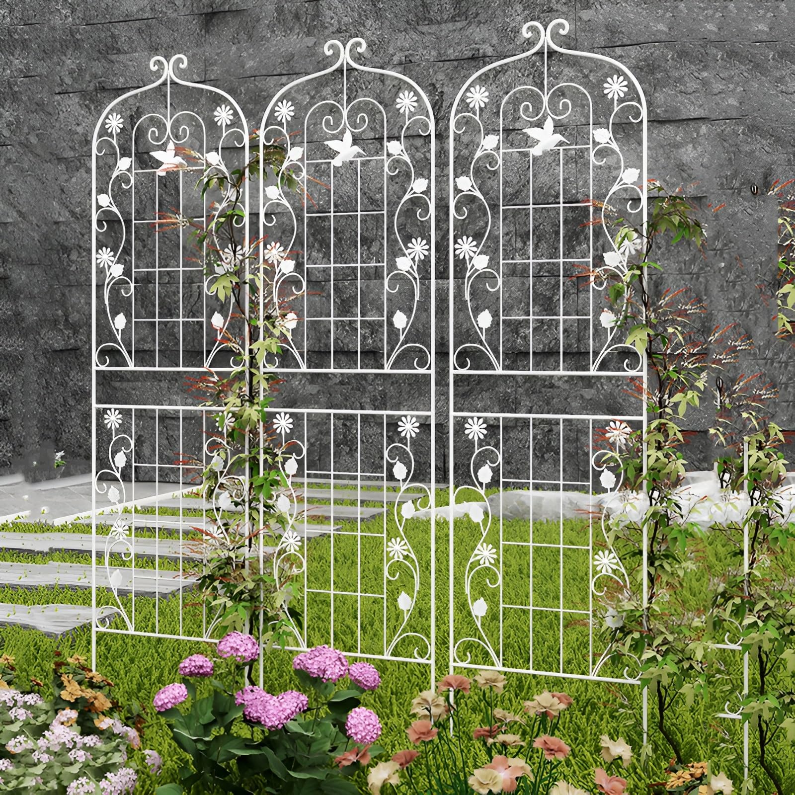 Treillis de jardin en fer forgé pour plantes grimpantes d'intérieur/extérieur - Résistant aux intempéries - Clôture de concombre en métal blanc (1 pièce, 50 x 210 cm)