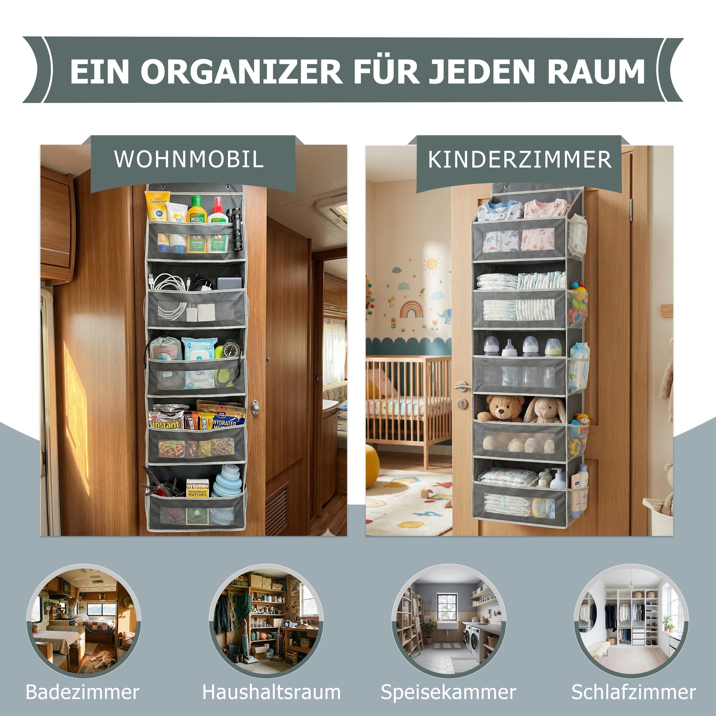 Hängeorganizer für die Tür, Upgrade Türorganizer mit 5 Fächern, Großes Hängeregal, Faltbares Aufbewahrungssystem für Bad, Kinderzimmer & Wohnmobil, Atmungsaktives Mesh, Dunkelgrau