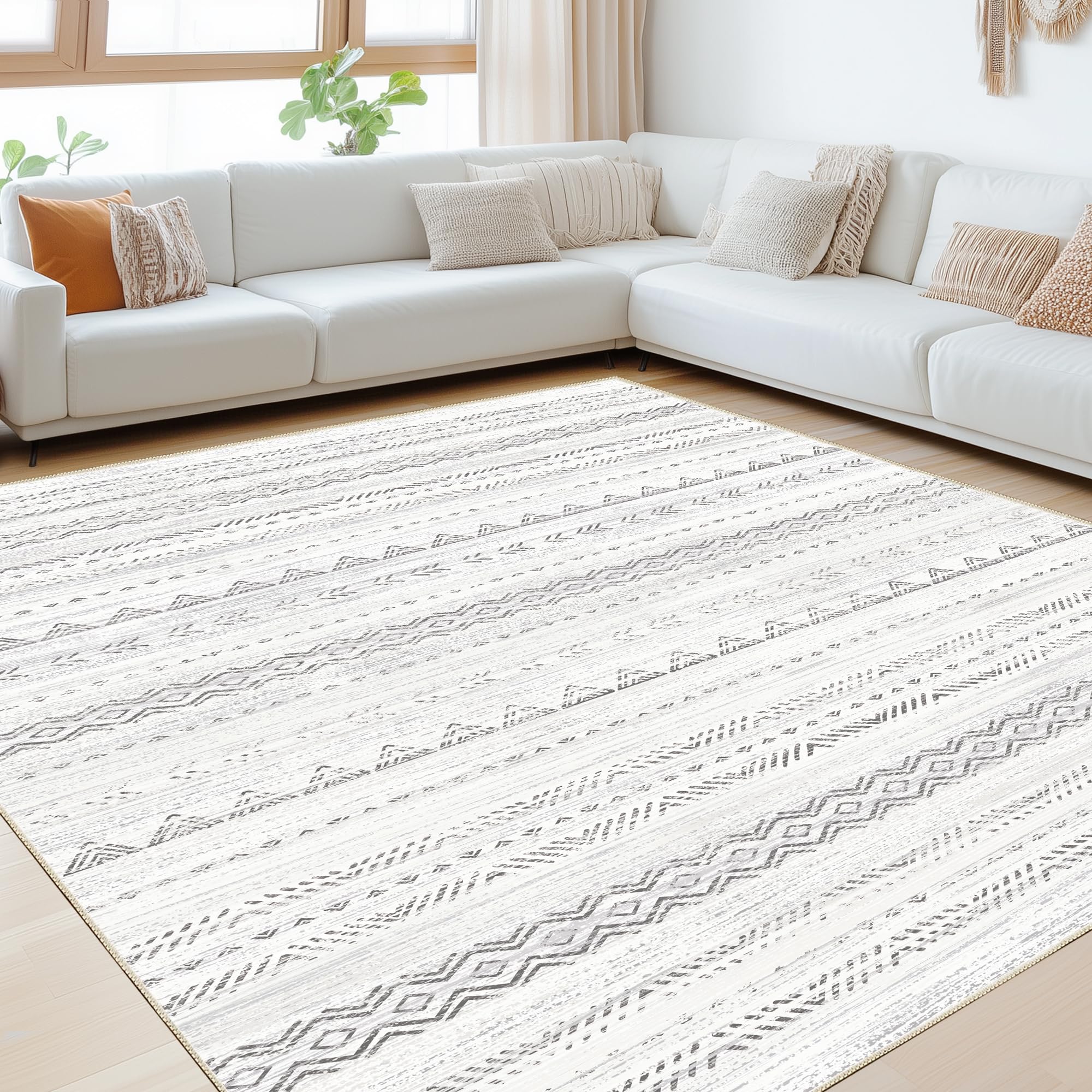 Andency 8x10 Area Rug Living Room Rugs, Large Soft Machine Washable Boho Moroccan Farmhouse Neutral Stain Resistant Indoor Floor Rug Carpet for Bedroom Dining Table Home Office House Decor - Grey