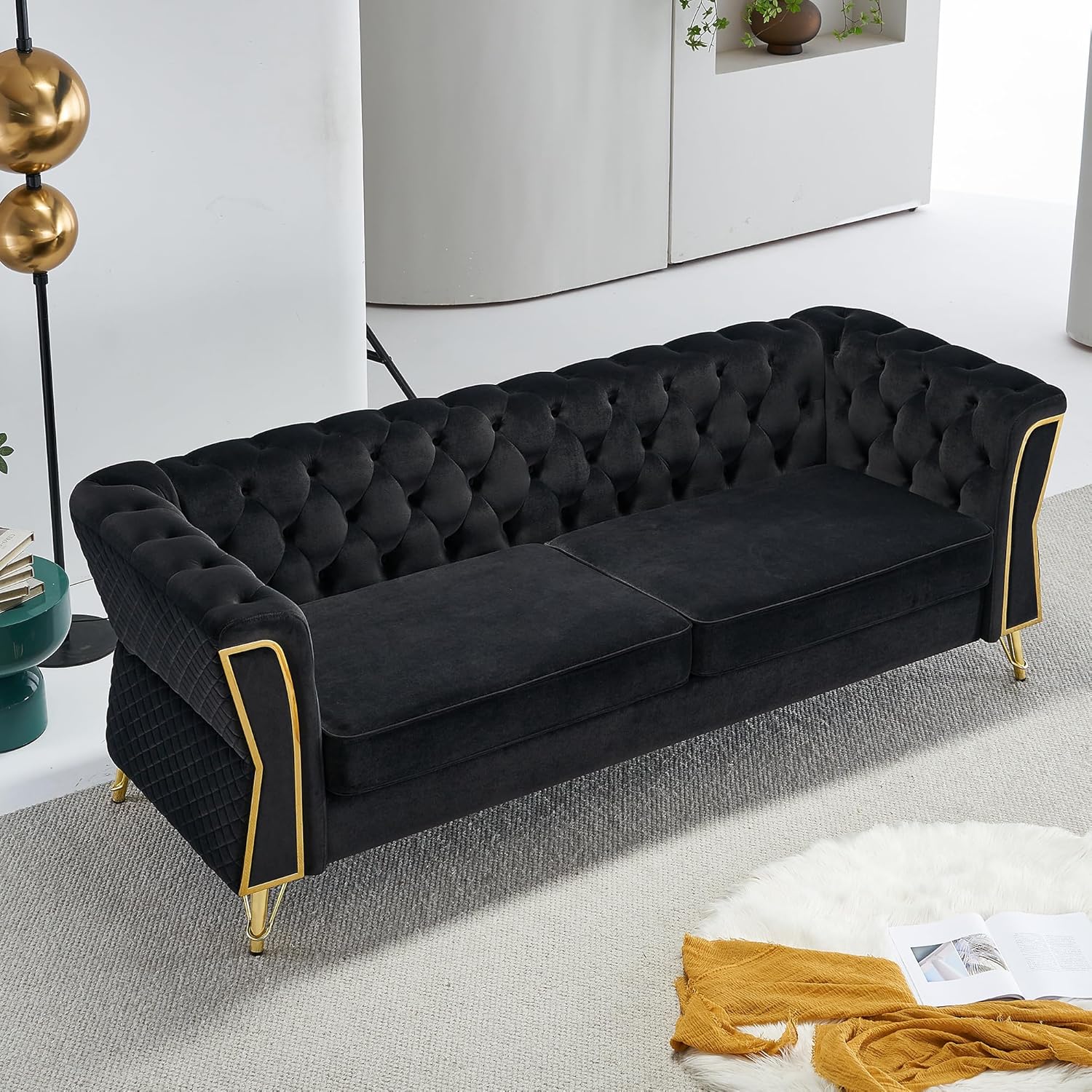87.4" Black Velvet Sofa Couch, Mid-Century Modern Chesterfield Loveseat Classic Button Tufted 2 Seater Couch with Golden Legs for Living Room Office Bedroom (Black)