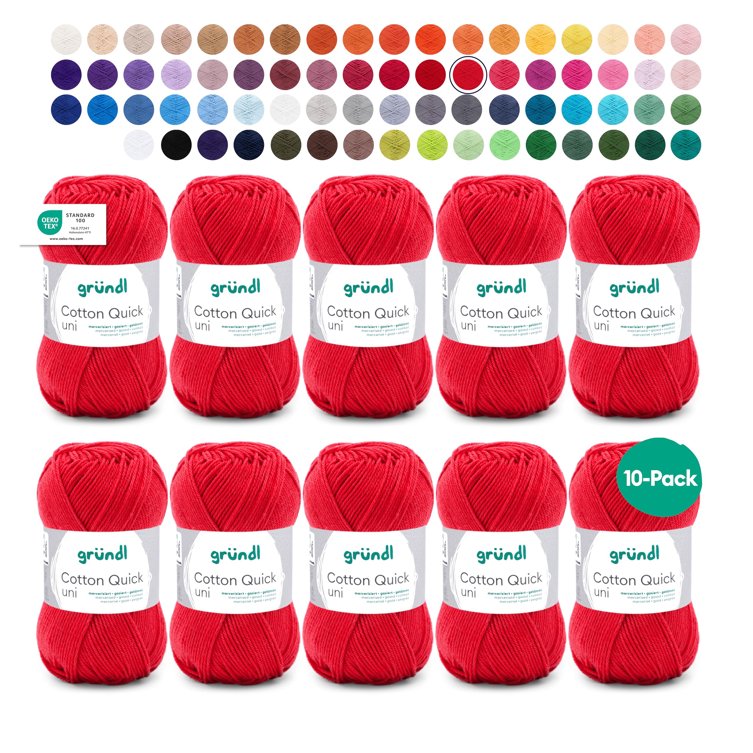 Fil à tricoter brillant Gründl Cotton Quick uni pur coton de qualité supérieure rouge feu