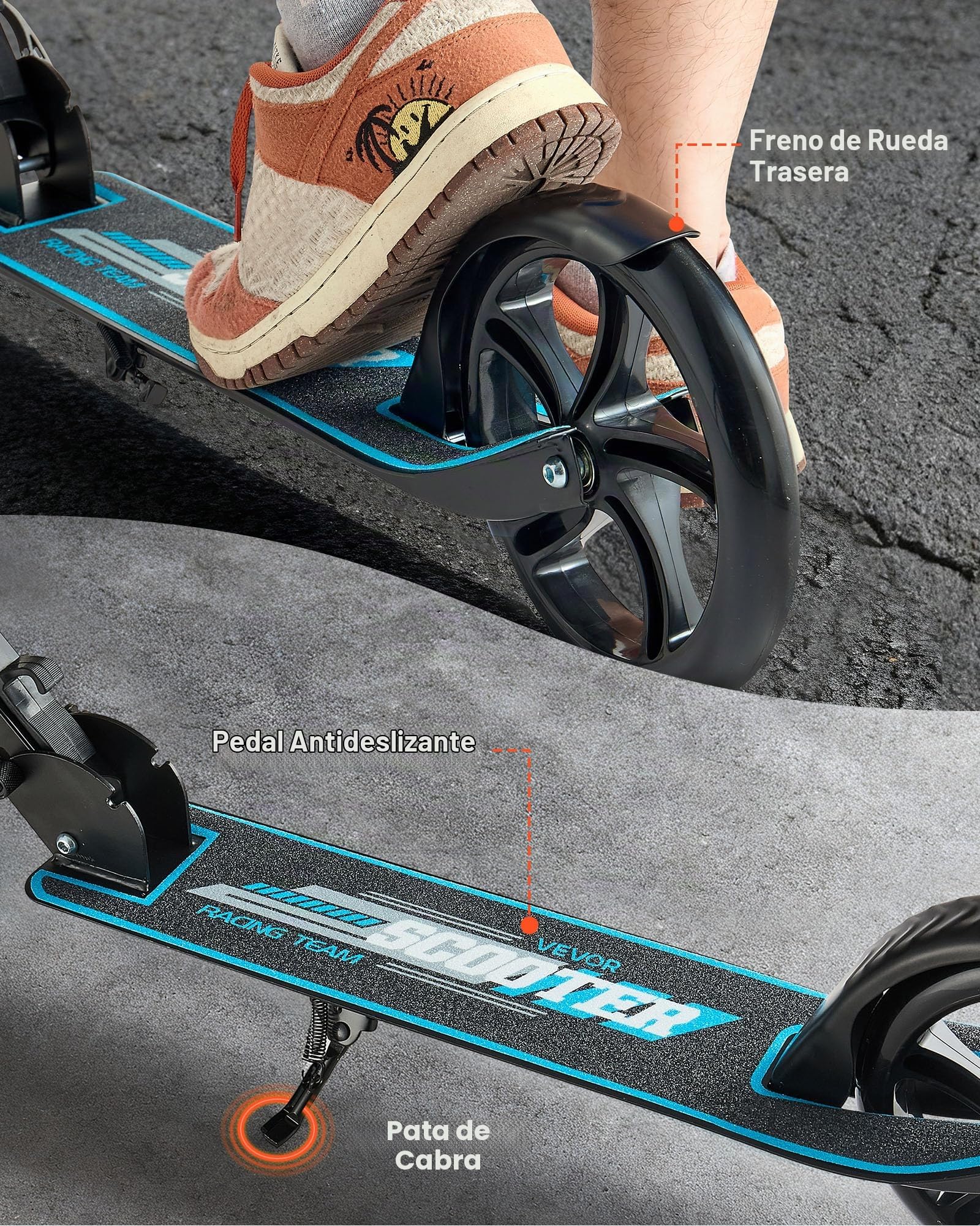 VEVOR Patinete 2 Ruedas, a Niños a Partir de 8 Años, Patinete Urbano Plegable con Manillar Regulable en Altura 860/930/1000 mm y Base Antideslizante, hasta 100 kg, Armazón de Acero, Negro y Azul