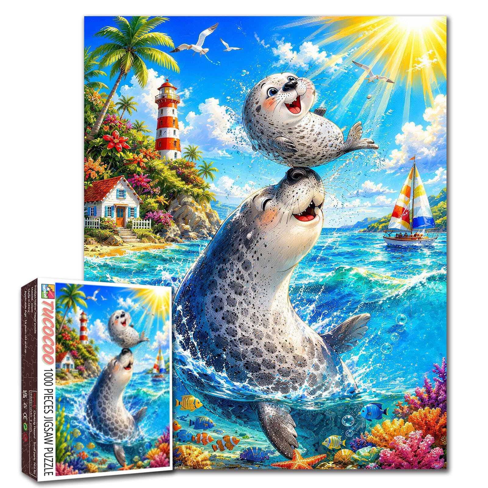 Sweet Seal Jigsaw Puzzles for Adults 1000 Pieces Parent-child play Scene DIY Puzzles for Family Activity Games Ocean scene Art Jigsaw Puzzles Home Wall Decor Craft Gifts 19.7 x 27.6 Inch โ image 1