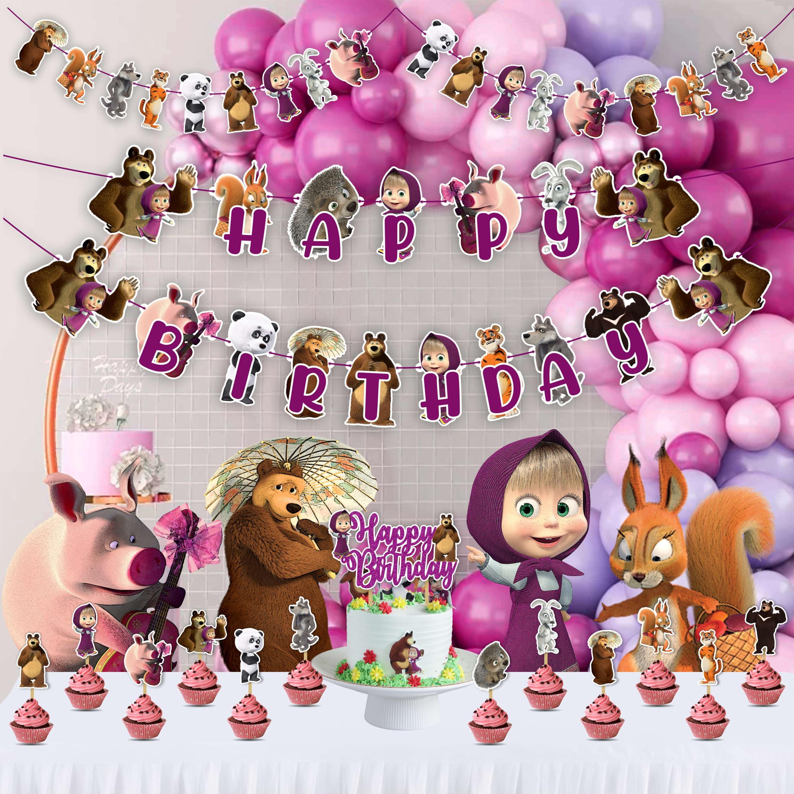 Maasa and Ber Theme Birthday Party Supplies – Traditional Birthday Decorations Set for Kids – Includes Cake Topper, Banner, and Party Decor