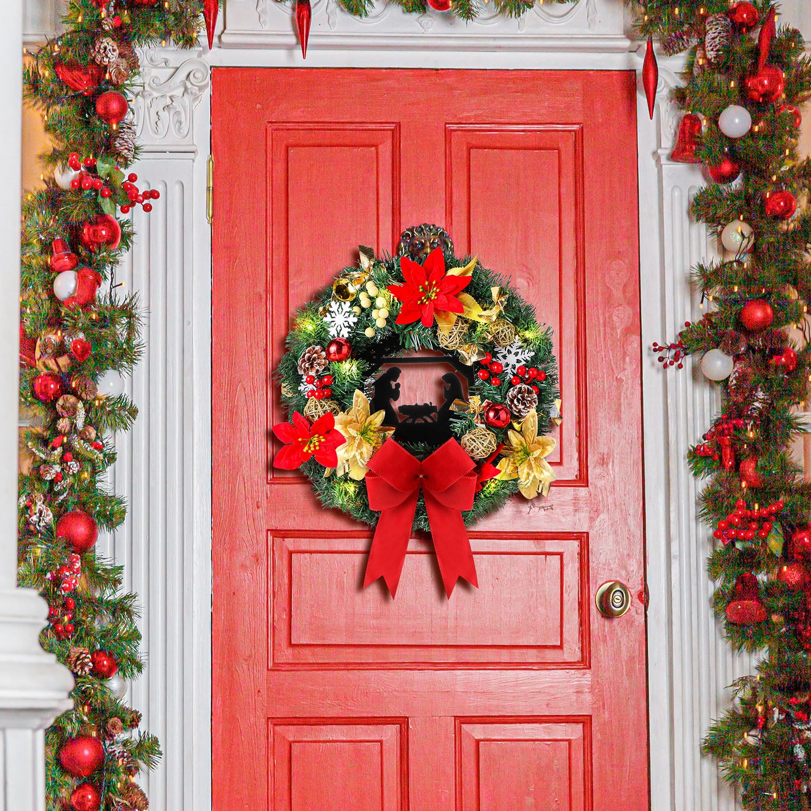Riceshoot 18 Inches Christmas Nativity Scene Wreath Christmas Wreaths with Lights Xmas Wreath for Christmas Outdoor Farmhouse Front Door Indoor Window Wall Door Festival Decorations