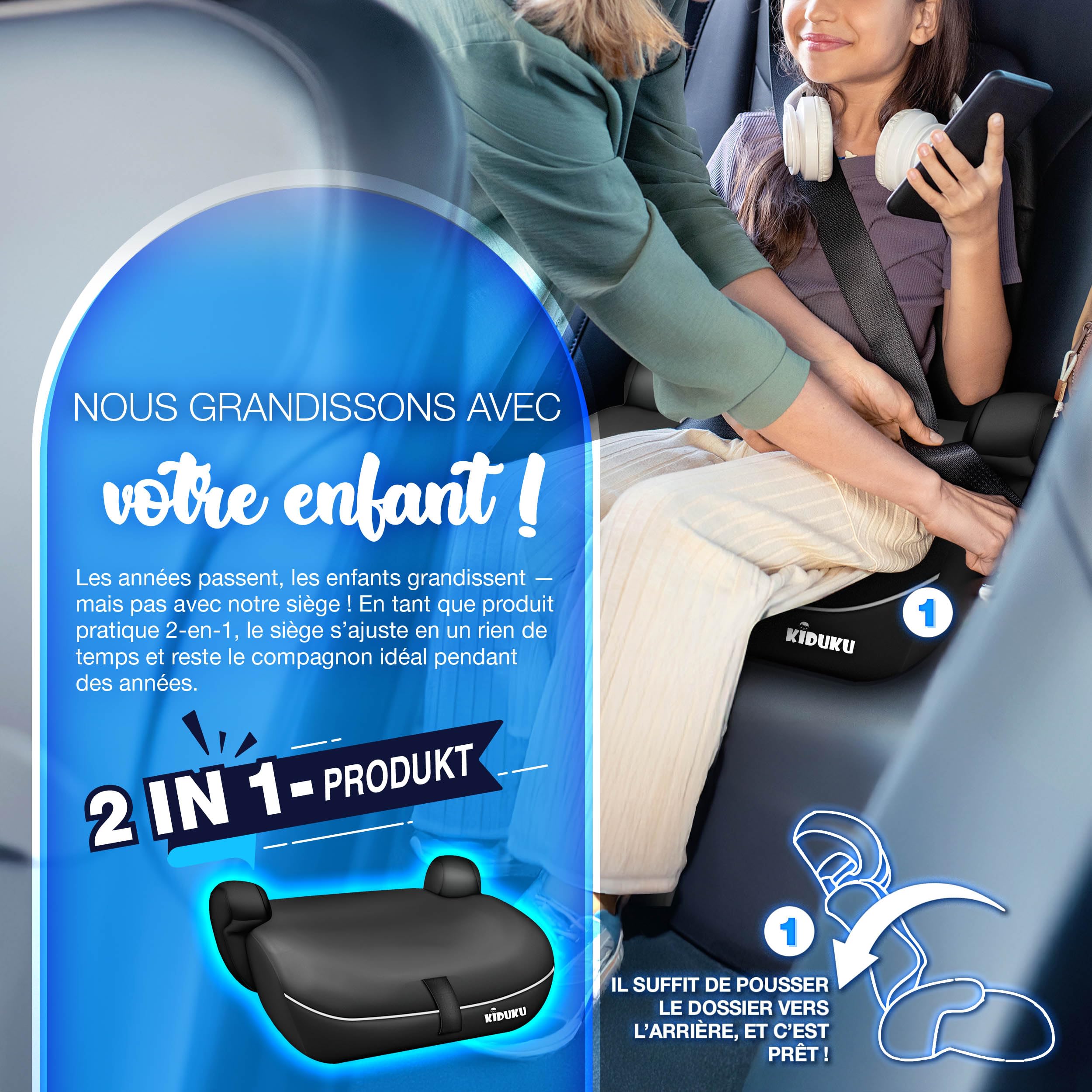 KIDUKU® Siège auto pour enfants avec Protection, évoluant avec la croissance, Norme ECE R129/03, de 9 kg à 36 kg (de 1 à 12 ans), Groupe 1 + 2 + 3 (Noir)